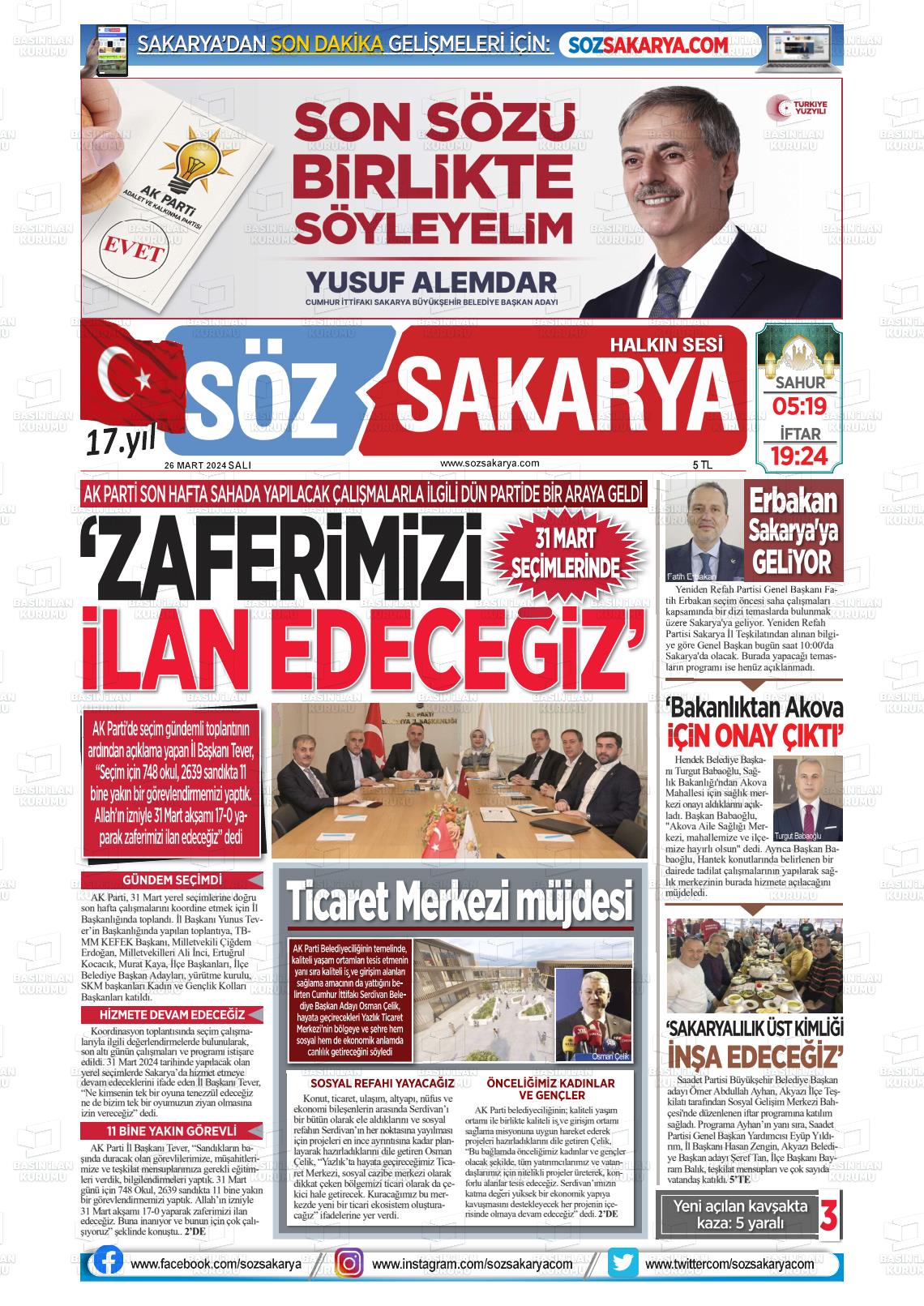 26 Mart 2024 Söz Sakarya Gazete Manşeti