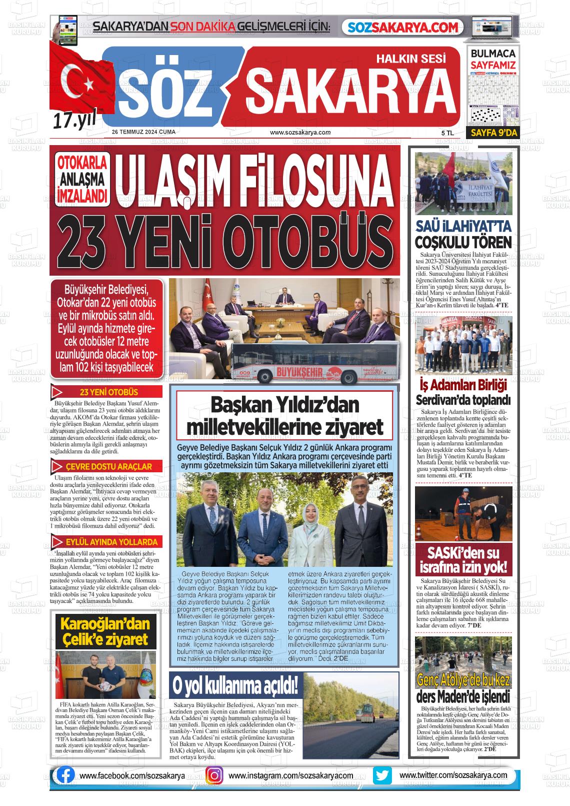 27 Temmuz 2024 Söz Sakarya Gazete Manşeti