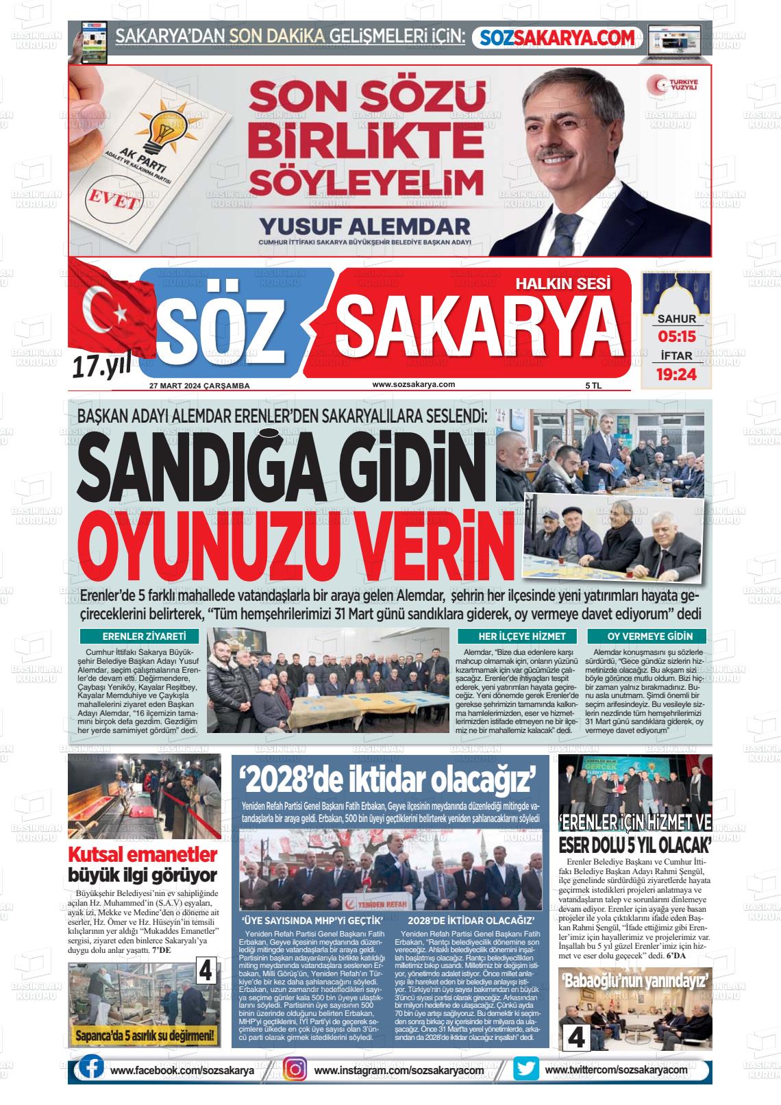 27 Mart 2024 Söz Sakarya Gazete Manşeti