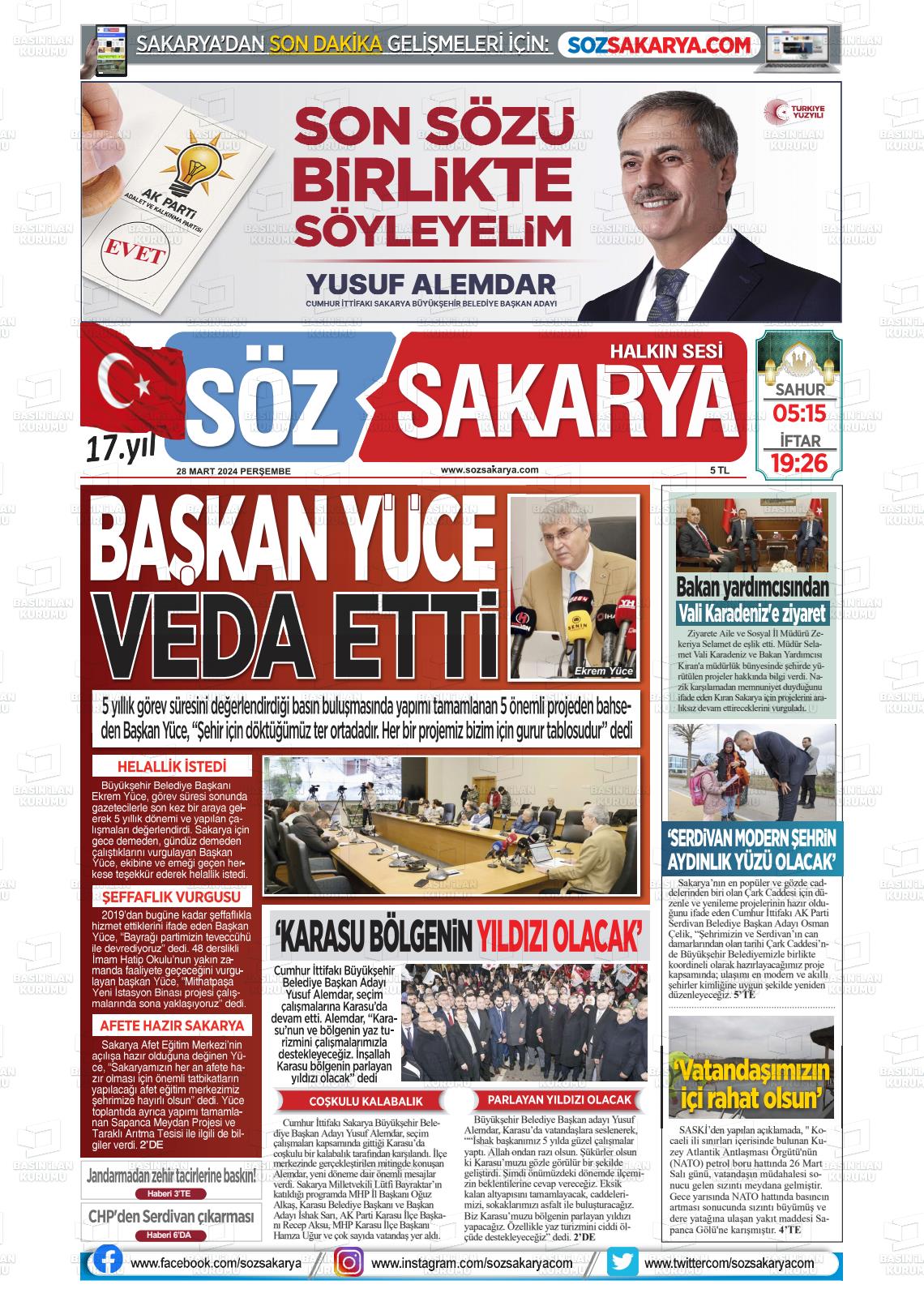 28 Mart 2024 Söz Sakarya Gazete Manşeti