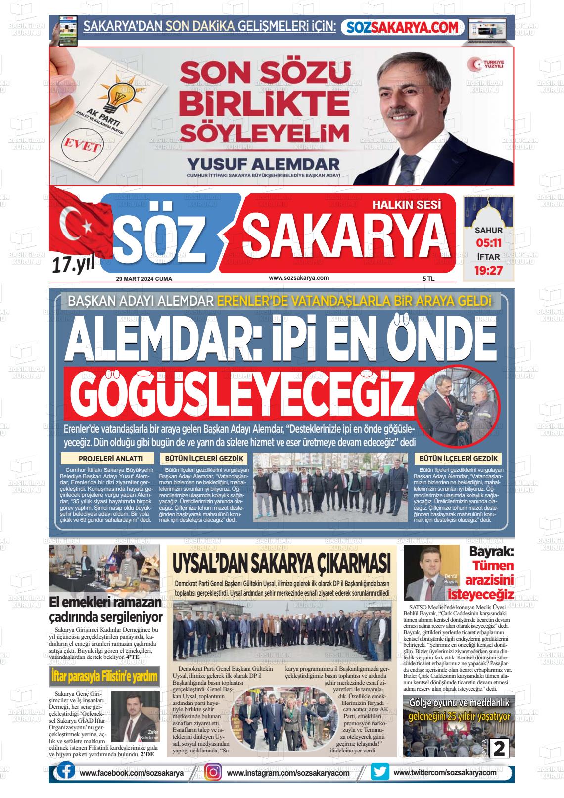 29 Mart 2024 Söz Sakarya Gazete Manşeti