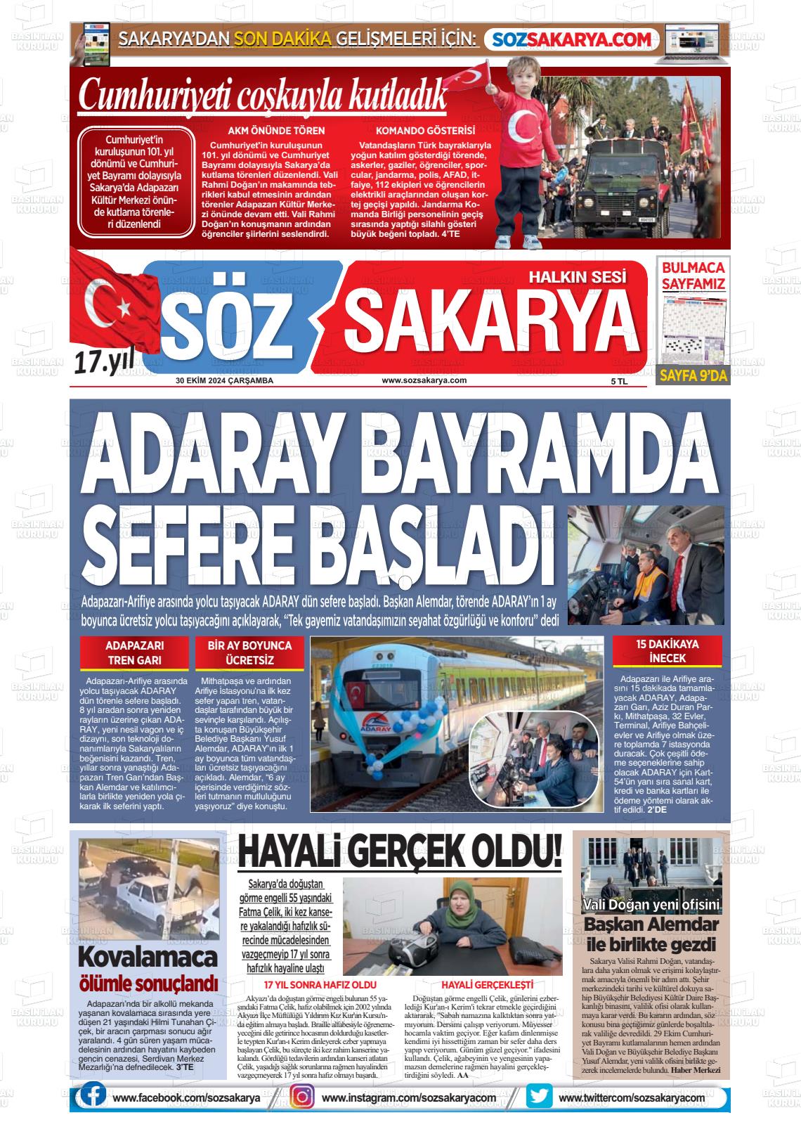 30 Ekim 2024 Söz Sakarya Gazete Manşeti