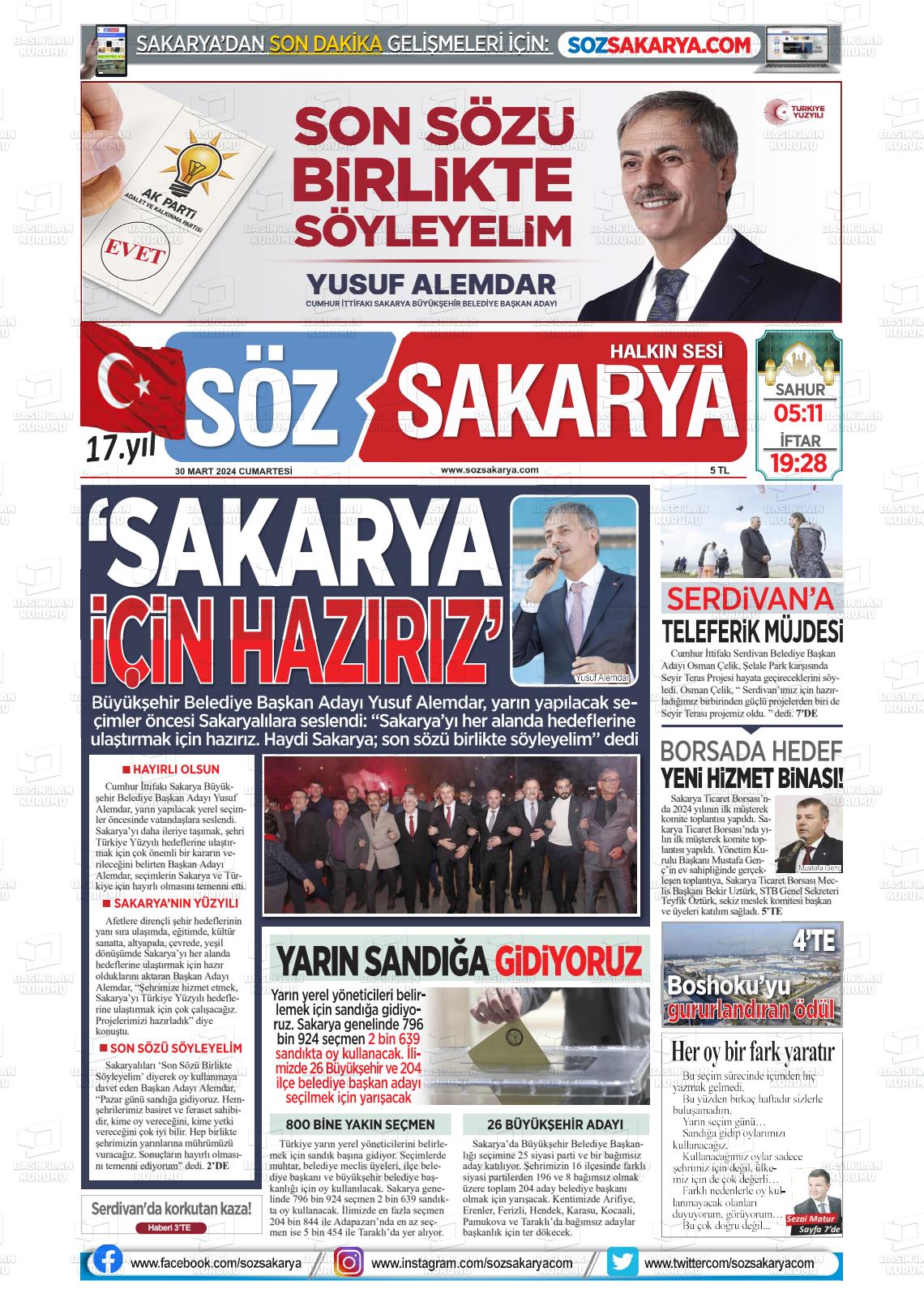 30 Mart 2024 Söz Sakarya Gazete Manşeti