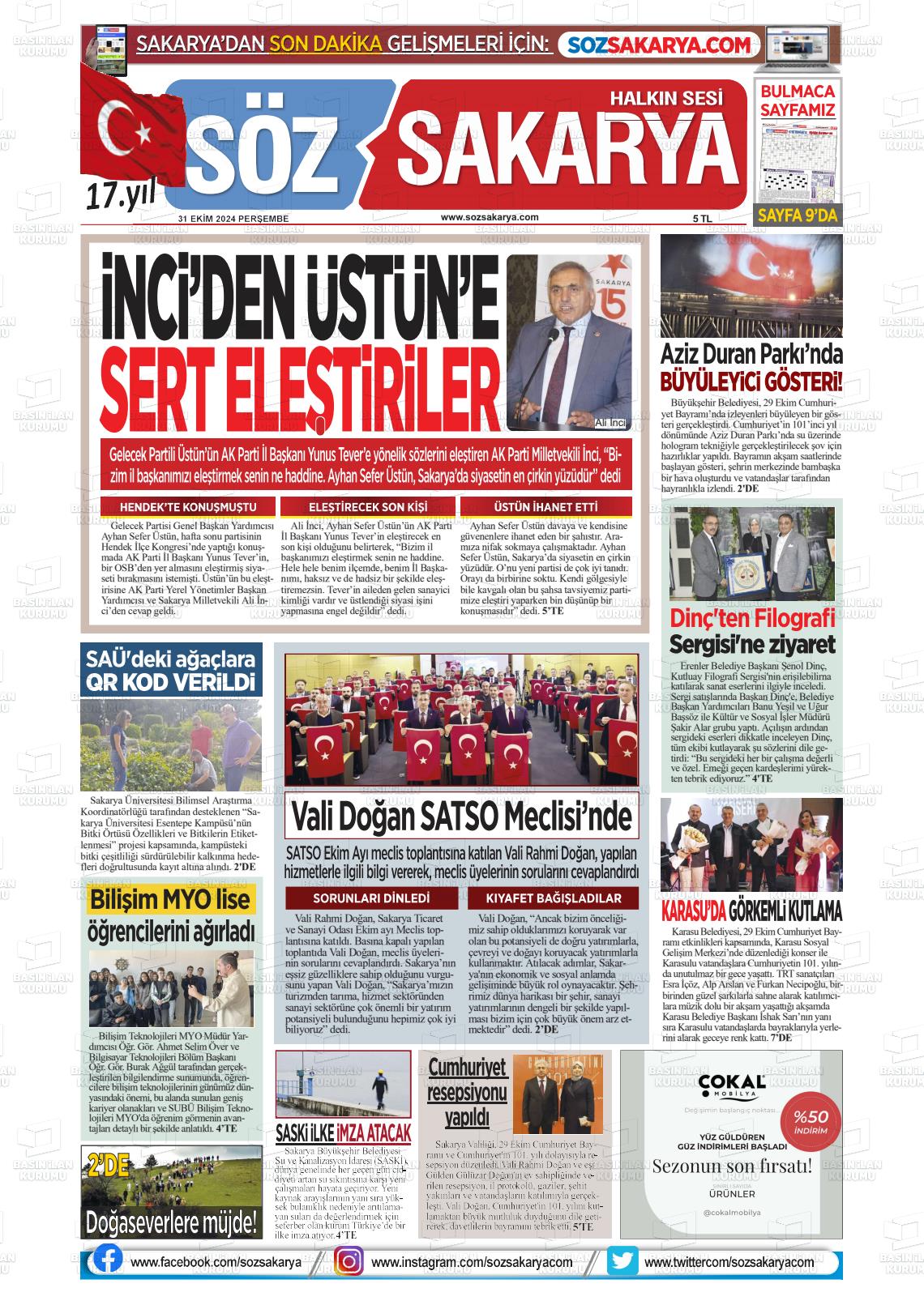 31 Ekim 2024 Söz Sakarya Gazete Manşeti