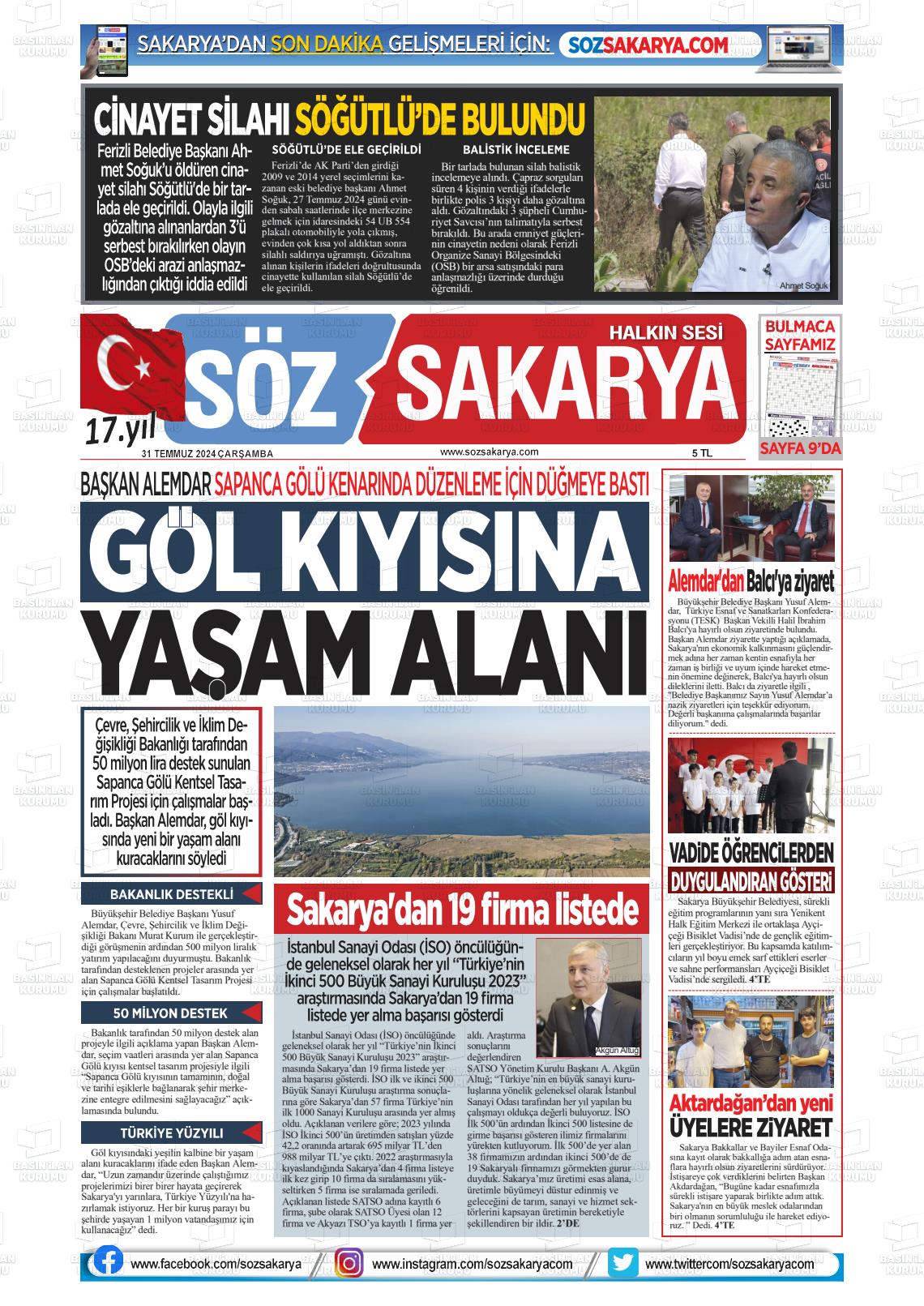 31 Temmuz 2024 Söz Sakarya Gazete Manşeti