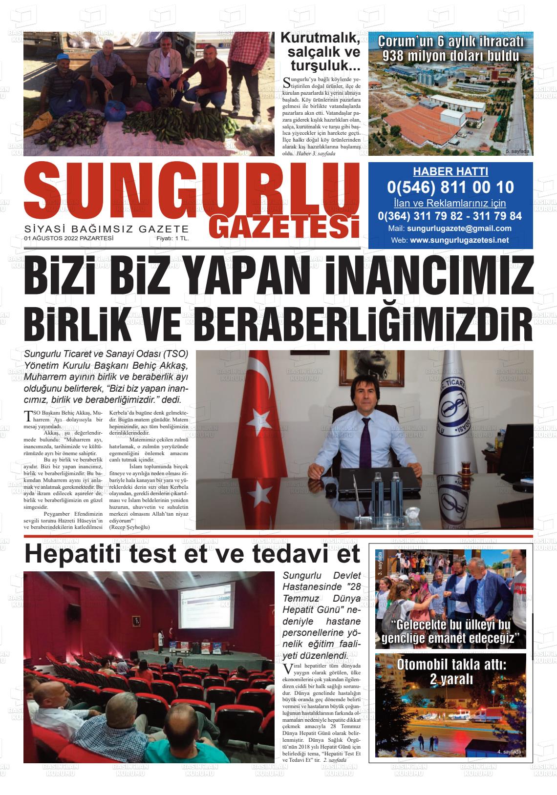 01 Ağustos 2022 Sungurlu Gazete Manşeti