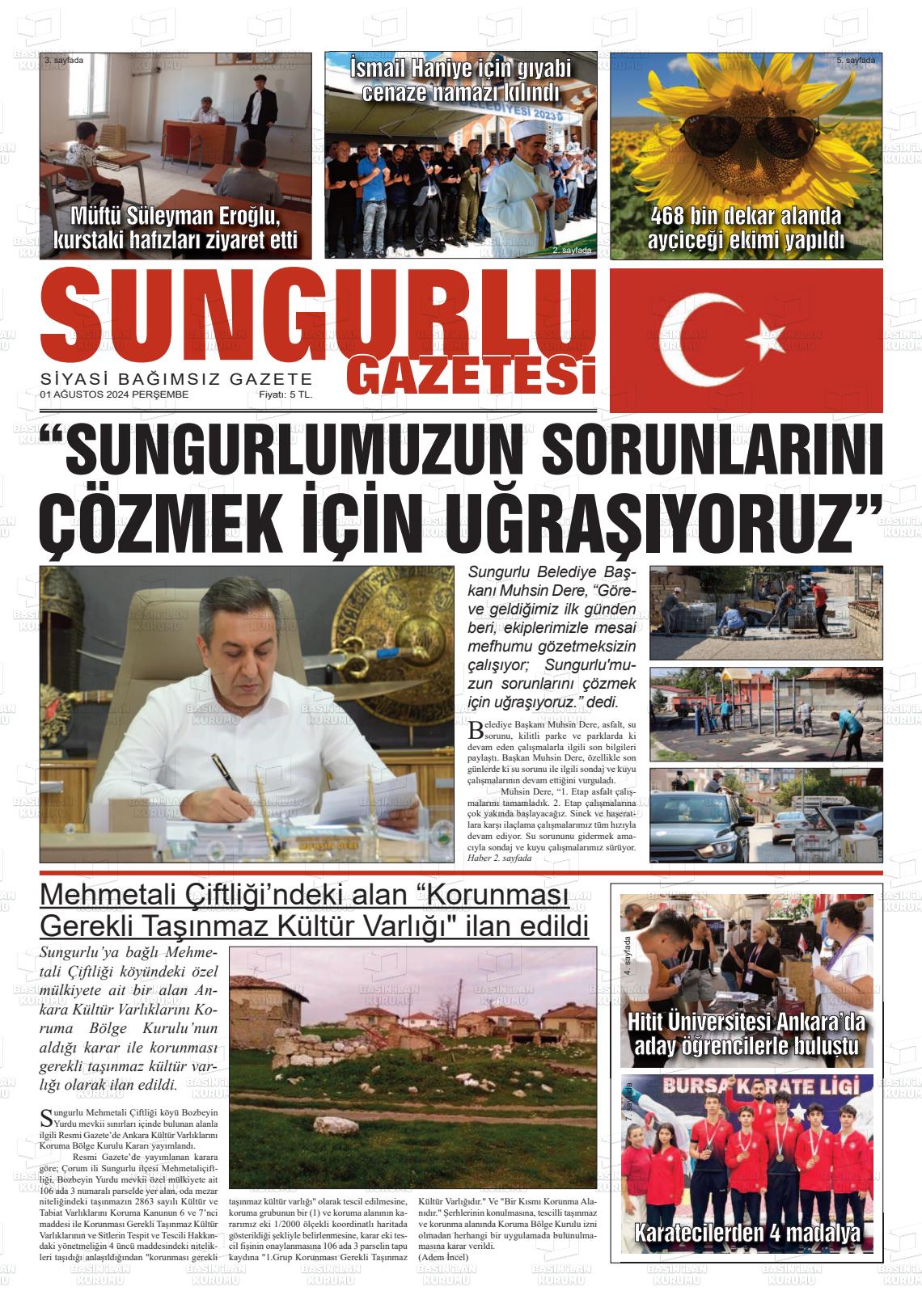 01 Ağustos 2024 Sungurlu Gazete Manşeti