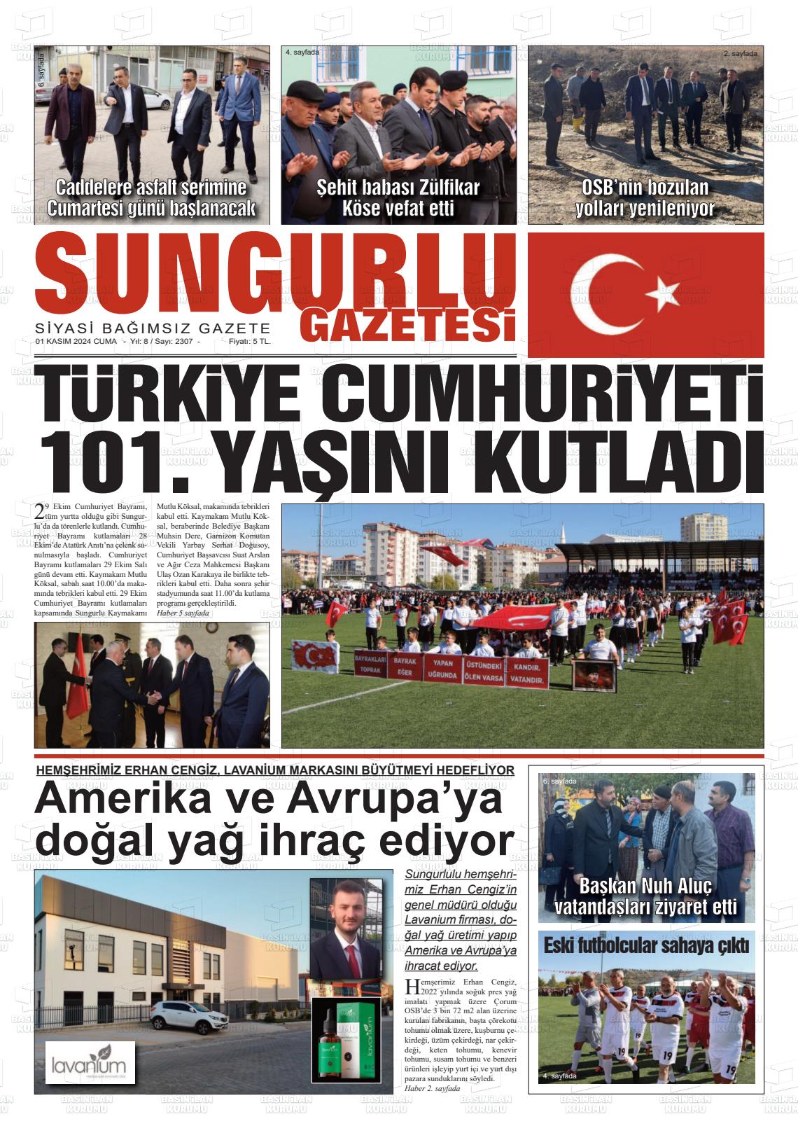 01 Kasım 2024 Sungurlu Gazete Manşeti