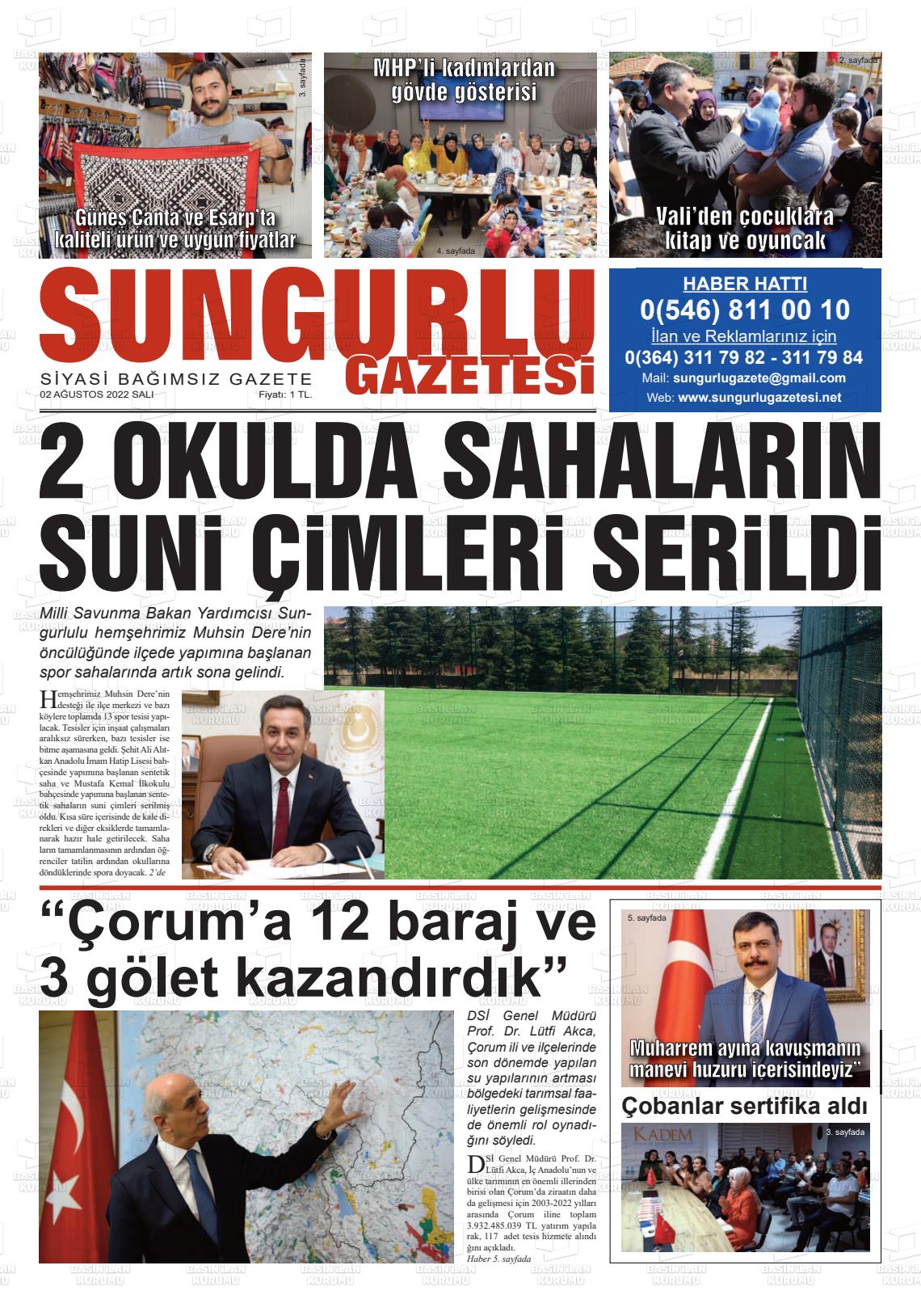 02 Ağustos 2022 Sungurlu Gazete Manşeti