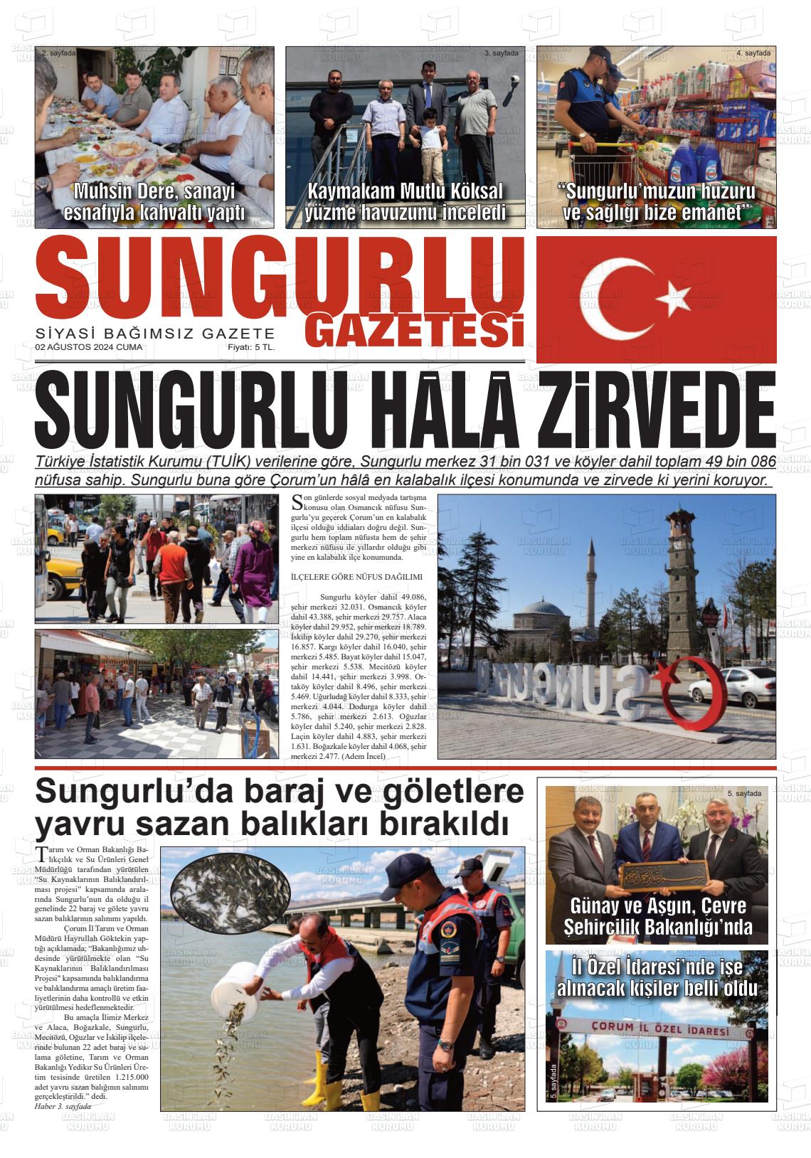 02 Ağustos 2024 Sungurlu Gazete Manşeti