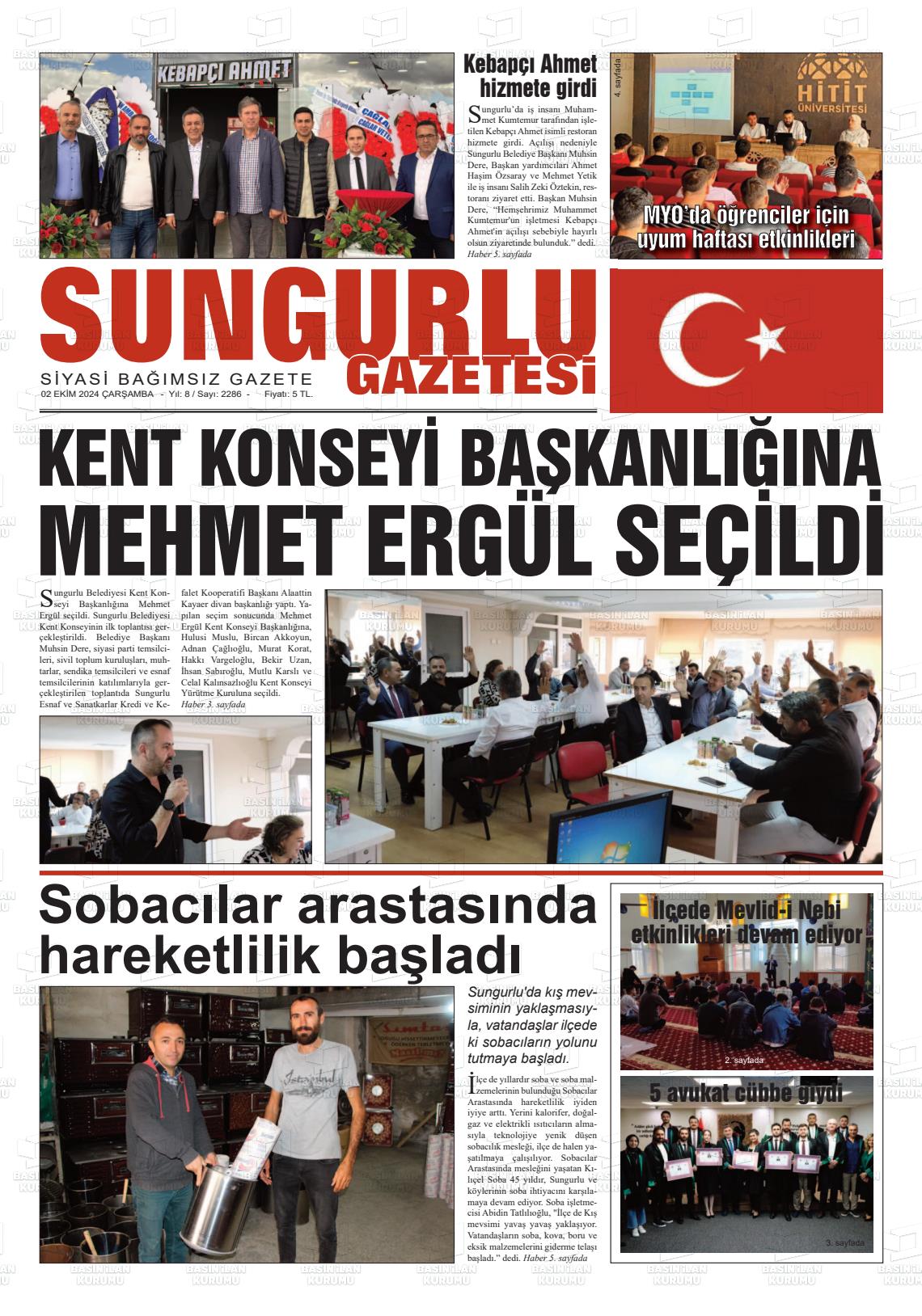 02 Ekim 2024 Sungurlu Gazete Manşeti