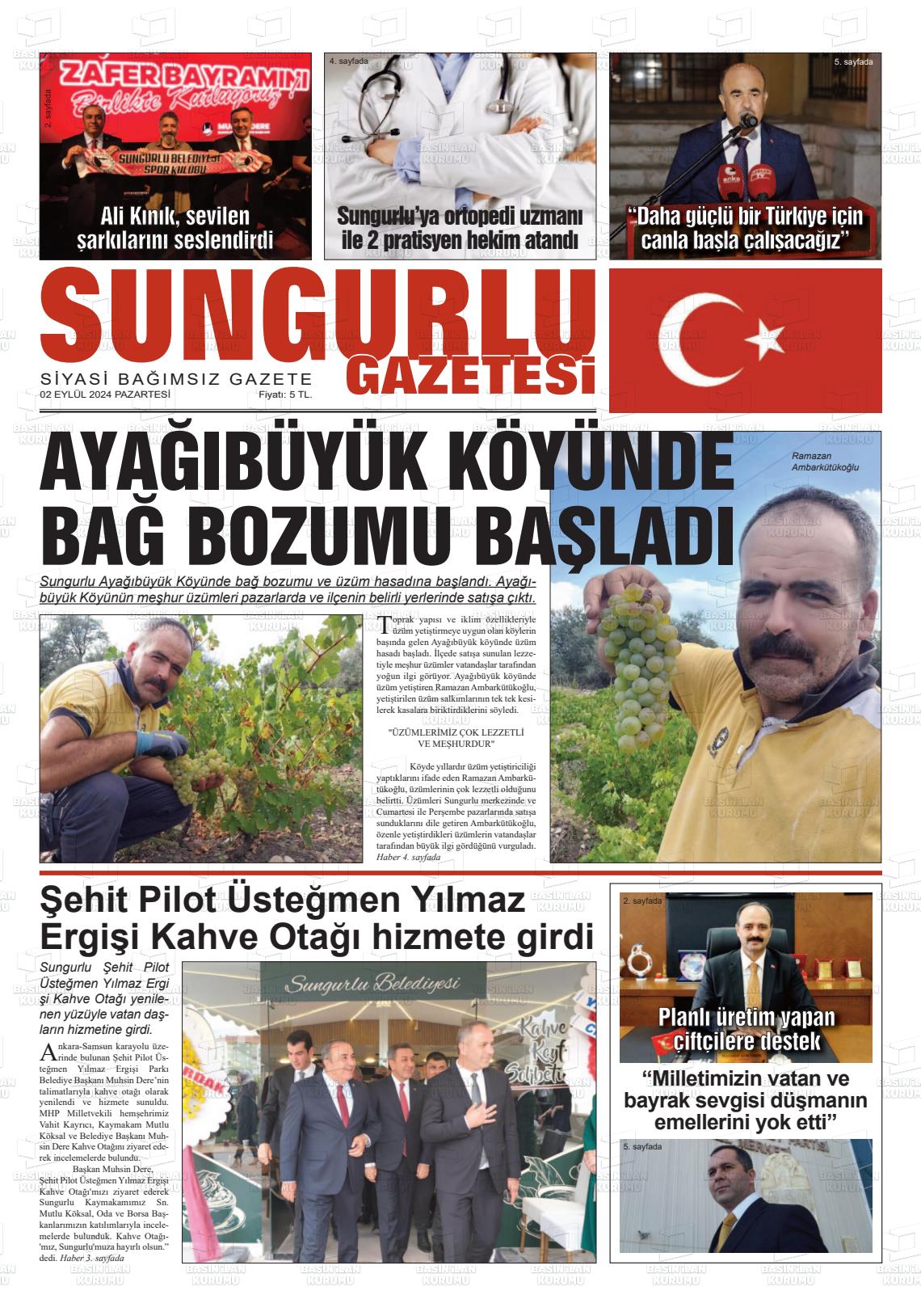 02 Eylül 2024 Sungurlu Gazete Manşeti