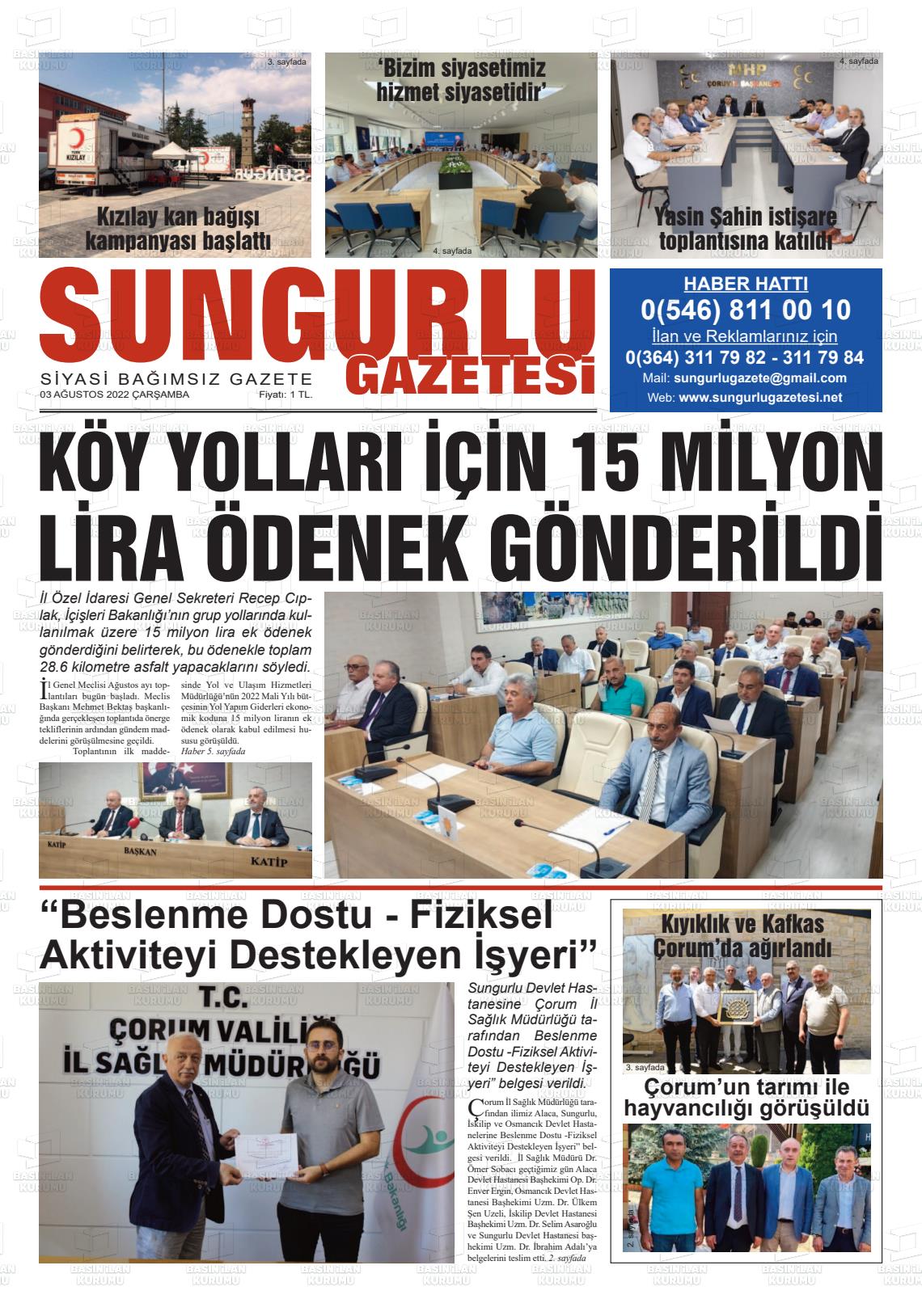 03 Ağustos 2022 Sungurlu Gazete Manşeti