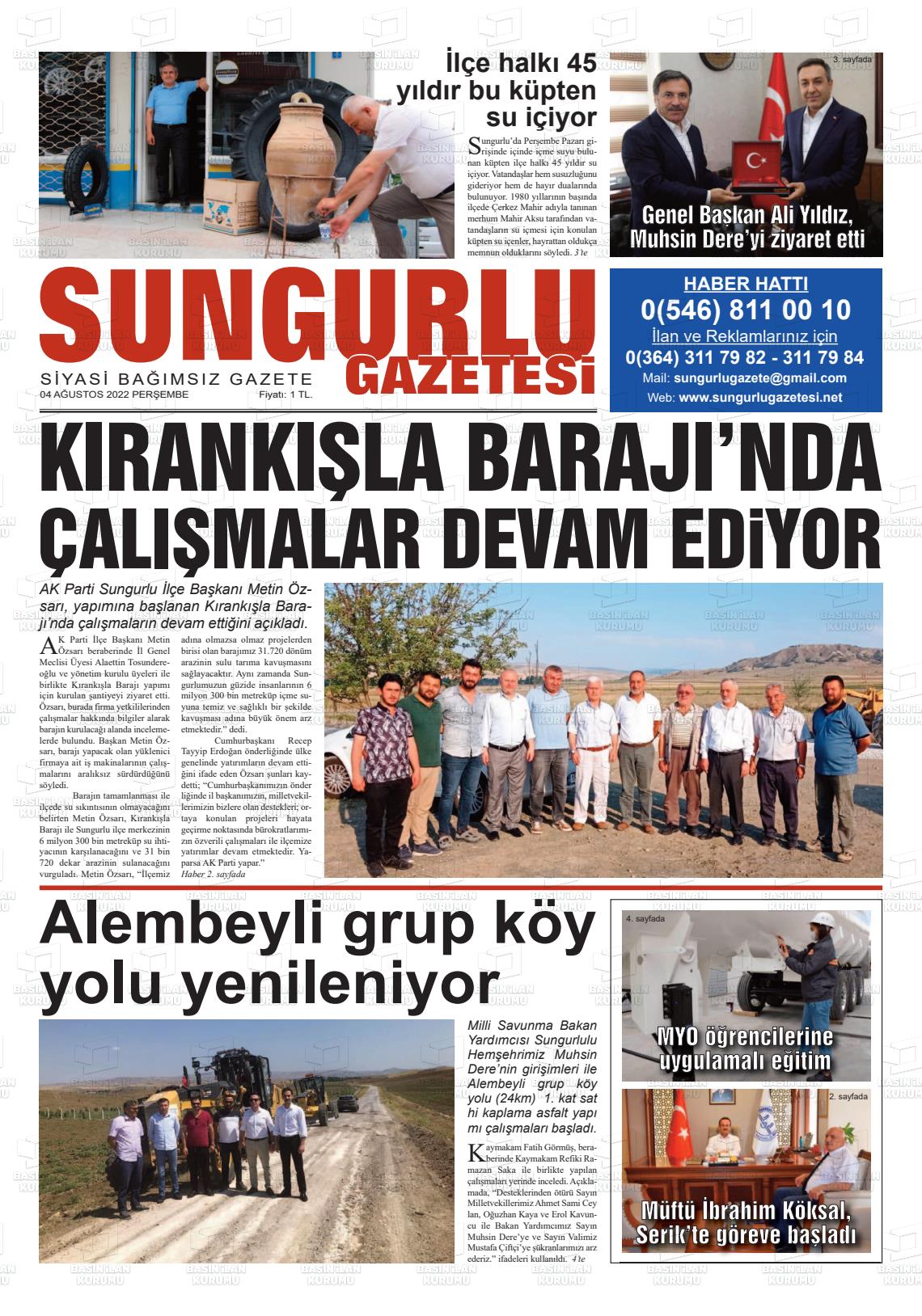 04 Ağustos 2022 Sungurlu Gazete Manşeti