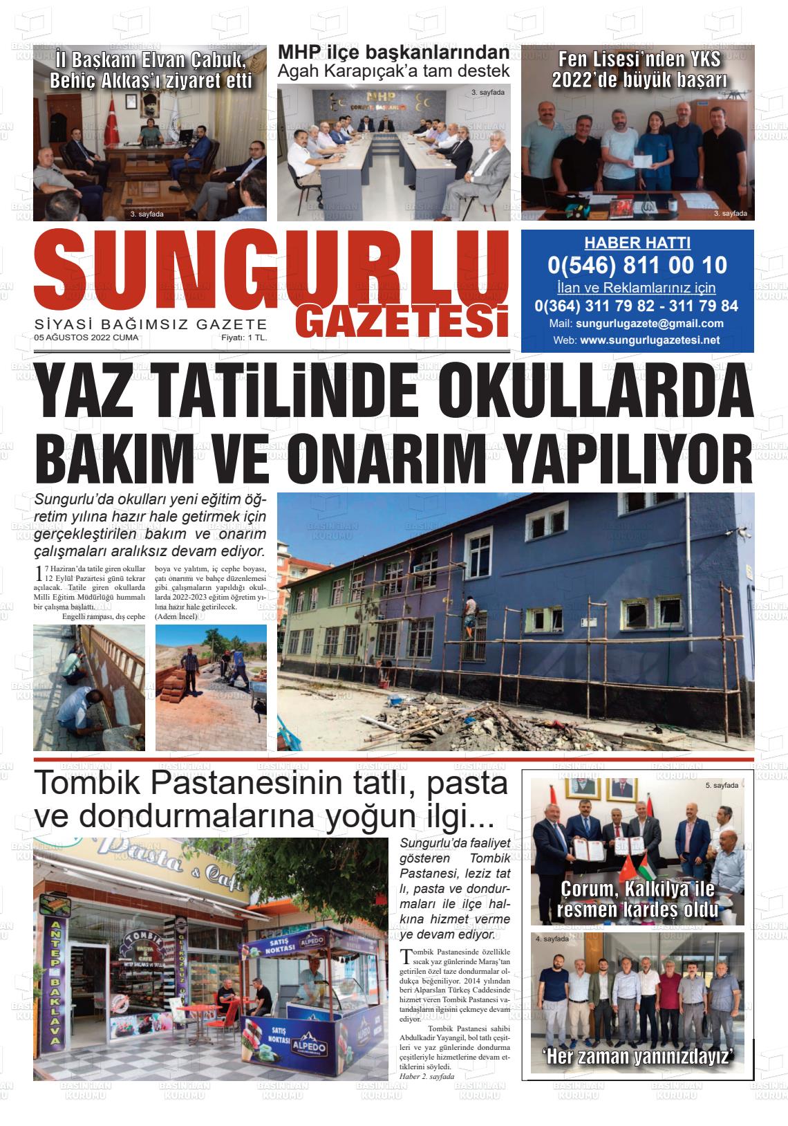 05 Ağustos 2022 Sungurlu Gazete Manşeti