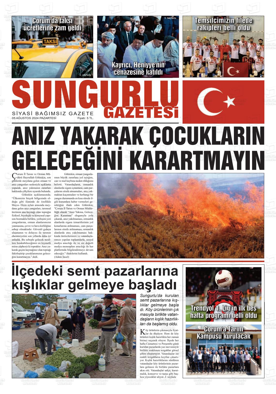 05 Ağustos 2024 Sungurlu Gazete Manşeti