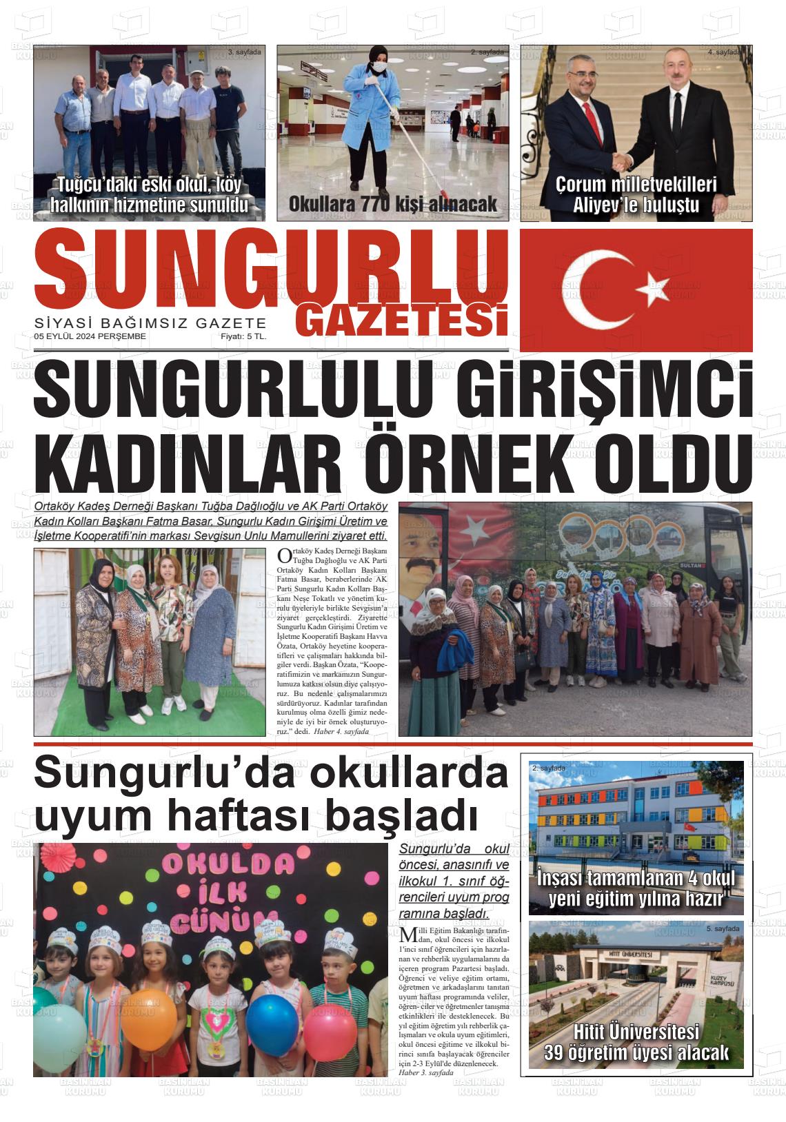 05 Eylül 2024 Sungurlu Gazete Manşeti