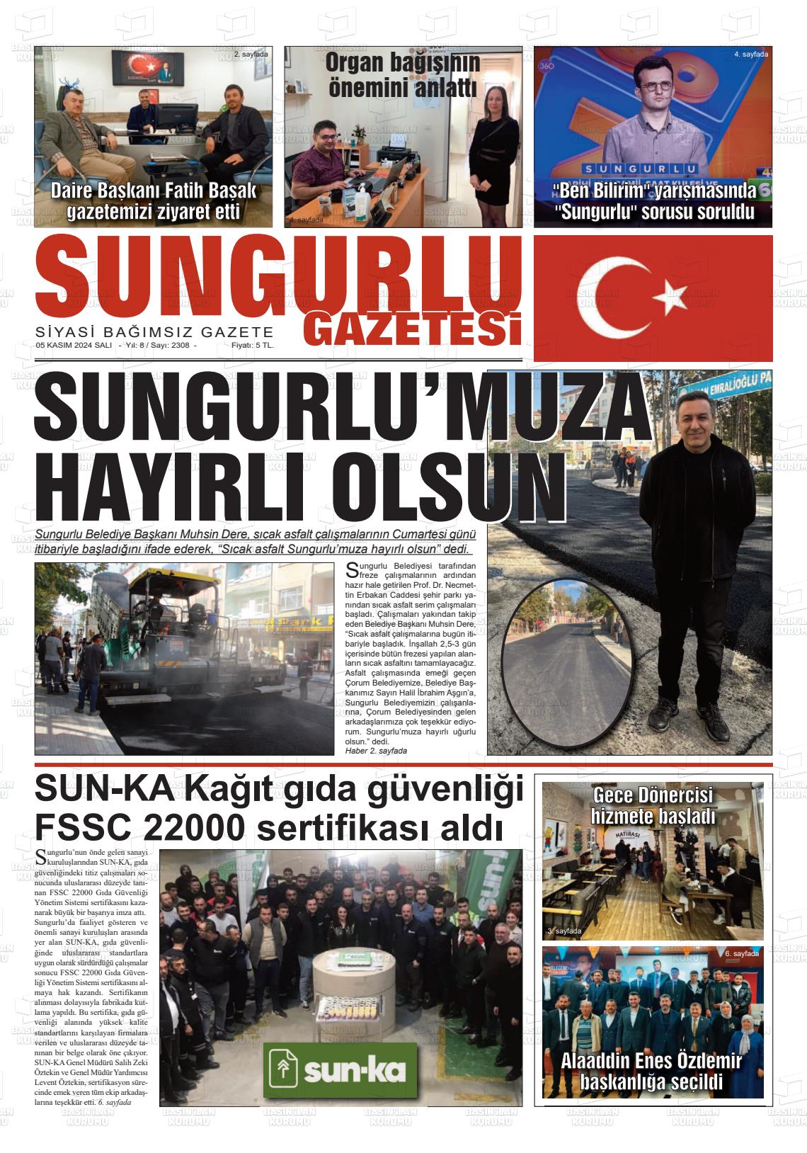 05 Kasım 2024 Sungurlu Gazete Manşeti