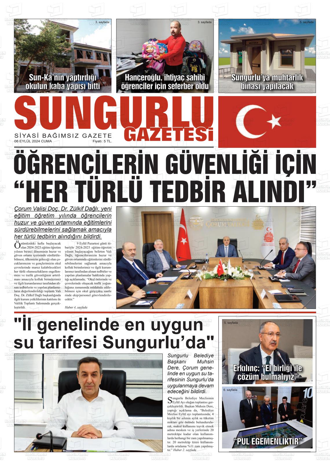 06 Eylül 2024 Sungurlu Gazete Manşeti