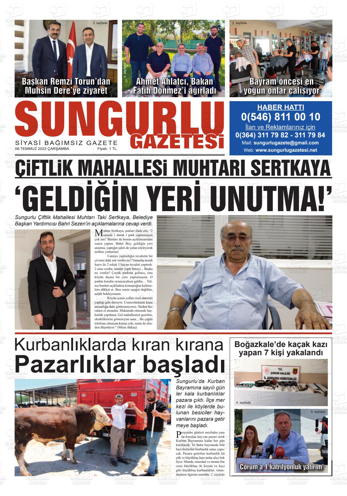 06 Temmuz 2022 Sungurlu Gazete Manşeti