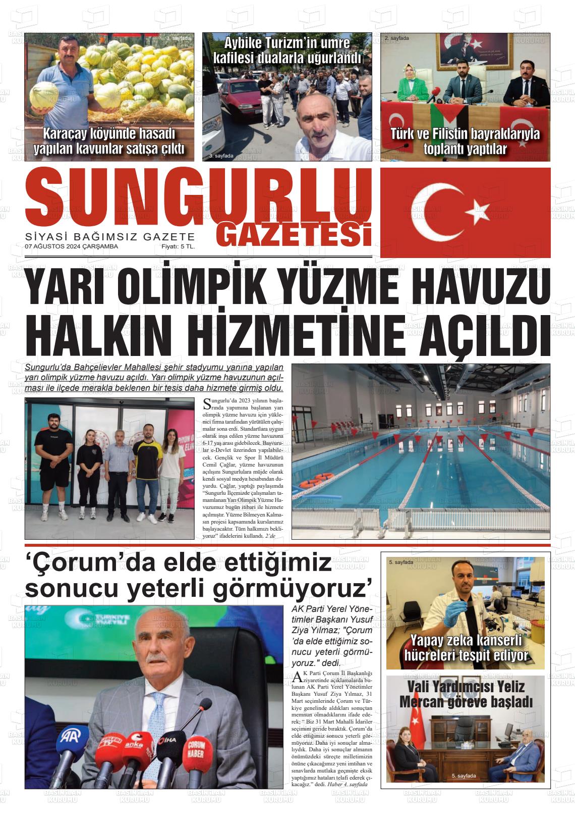 07 Ağustos 2024 Sungurlu Gazete Manşeti