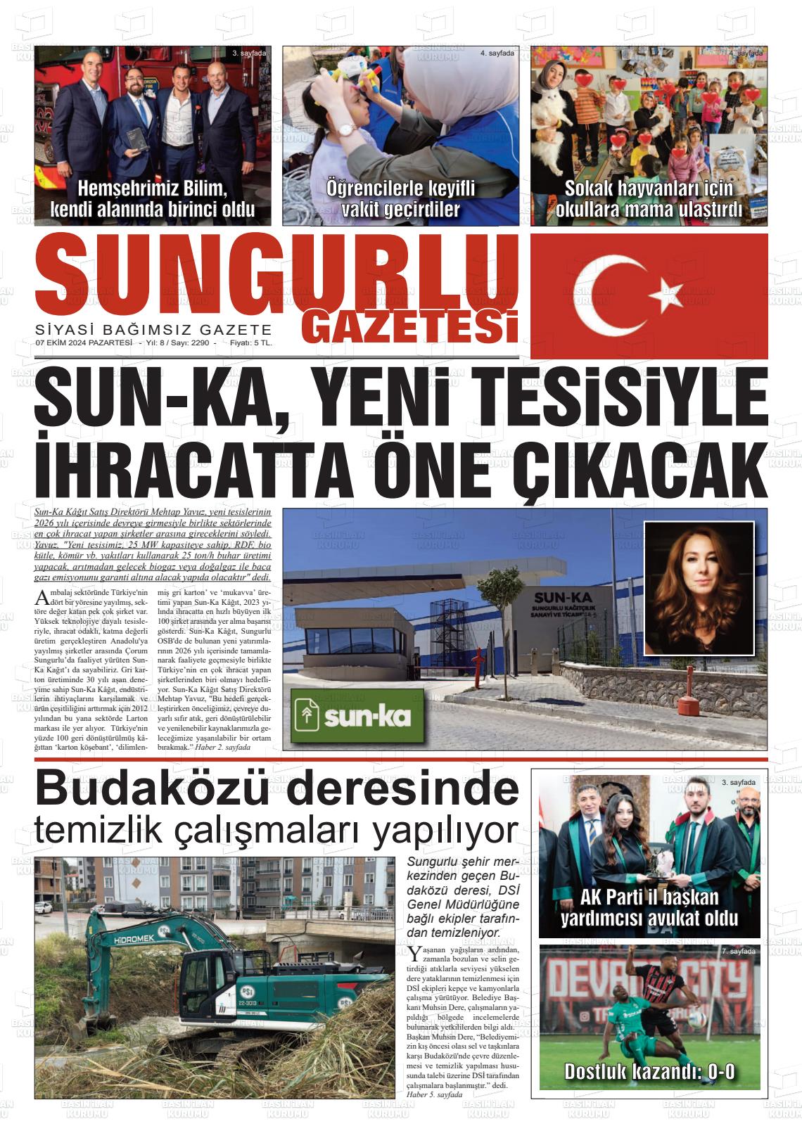 07 Ekim 2024 Sungurlu Gazete Manşeti