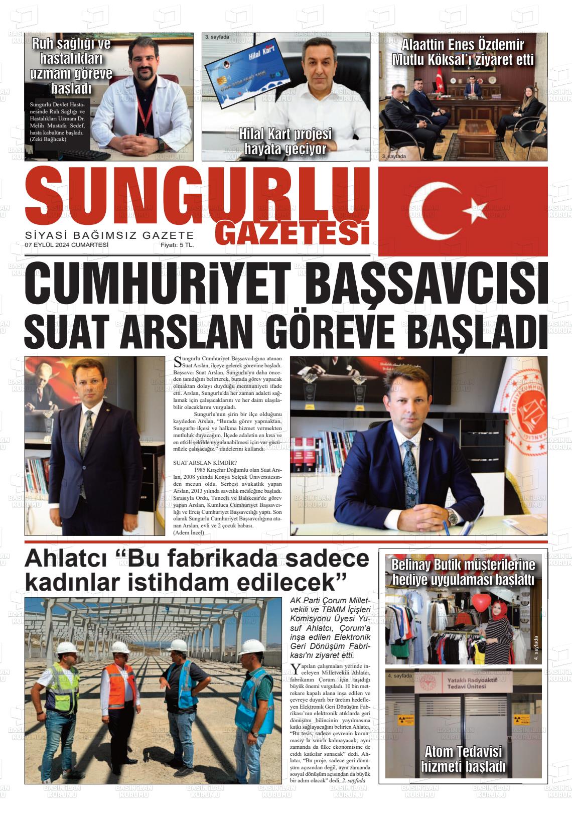 07 Eylül 2024 Sungurlu Gazete Manşeti