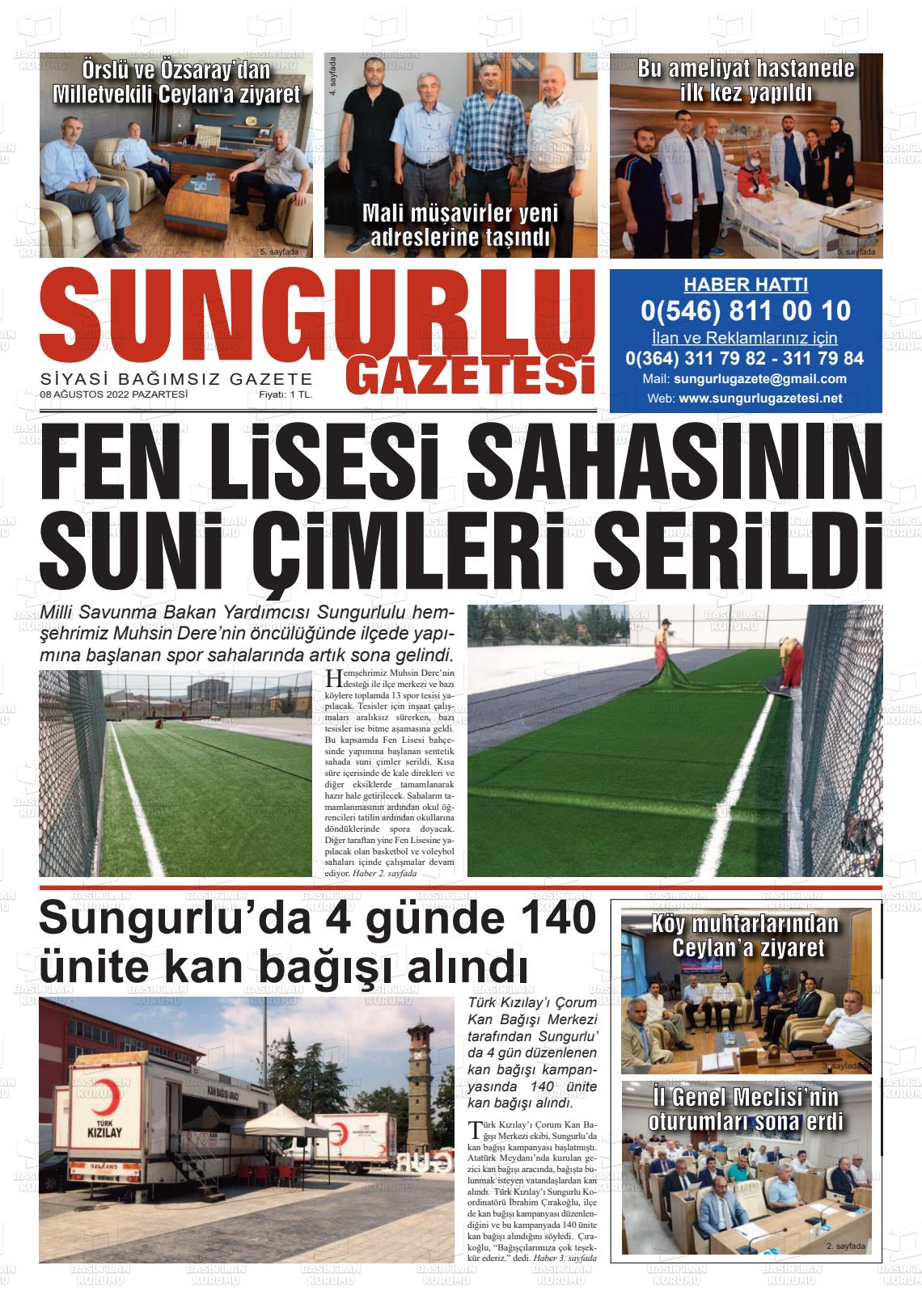 08 Ağustos 2022 Sungurlu Gazete Manşeti