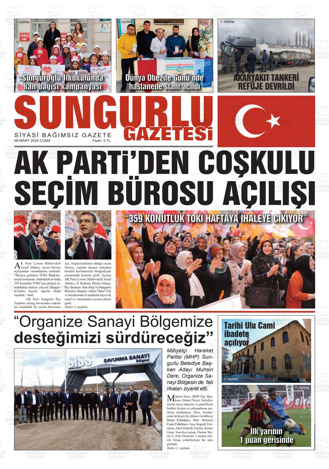 08 Mart 2024 Sungurlu Gazete Manşeti