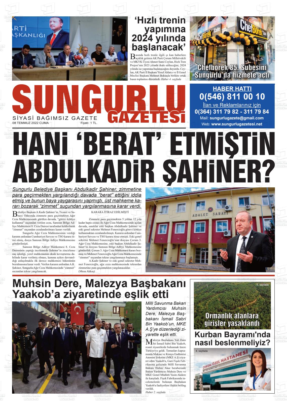 08 Temmuz 2022 Sungurlu Gazete Manşeti