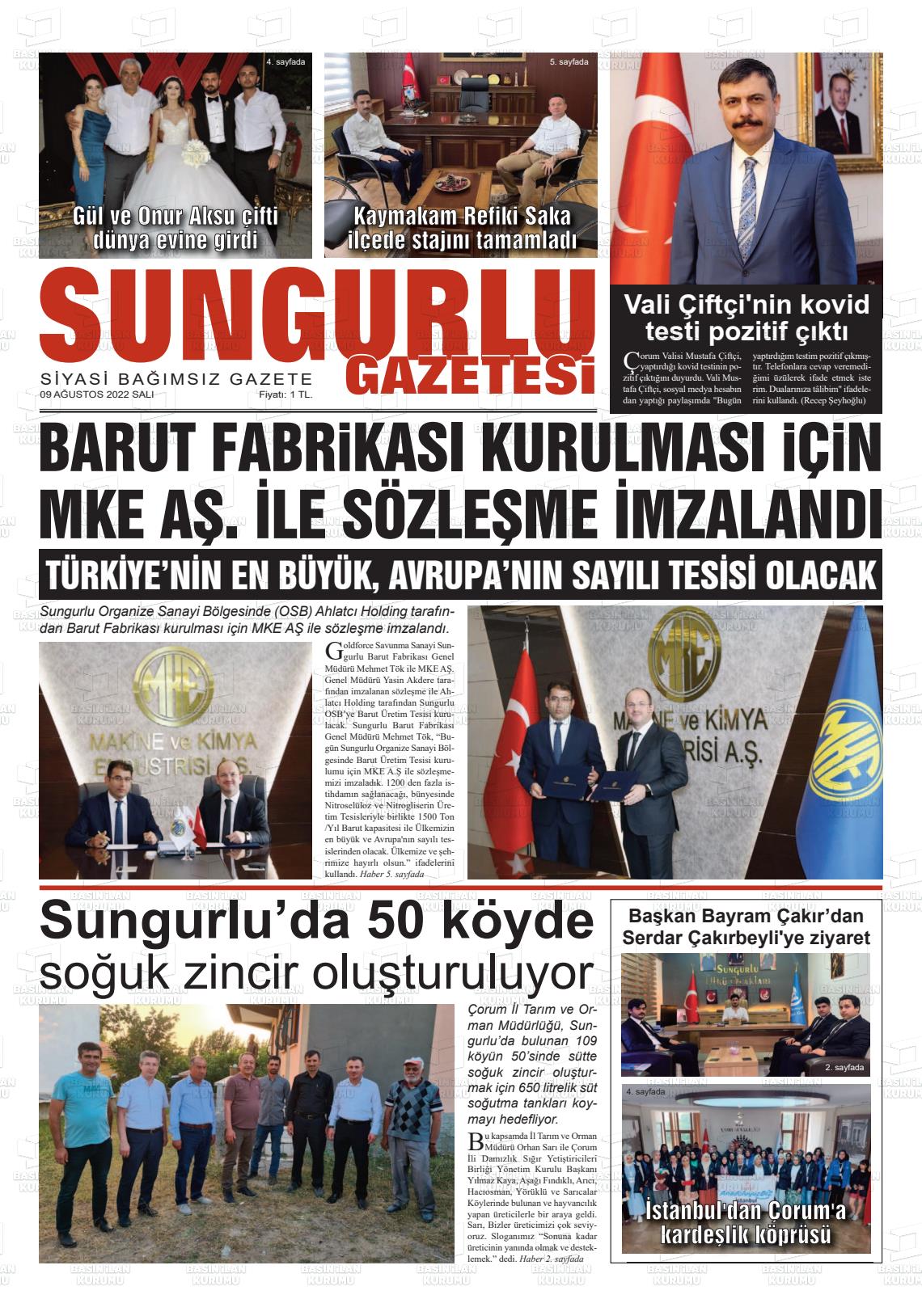 09 Ağustos 2022 Sungurlu Gazete Manşeti