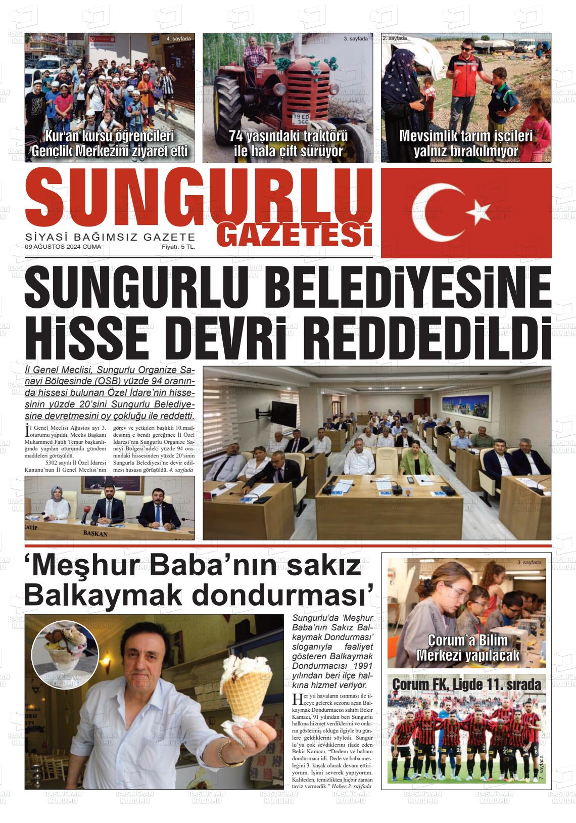 09 Ağustos 2024 Sungurlu Gazete Manşeti