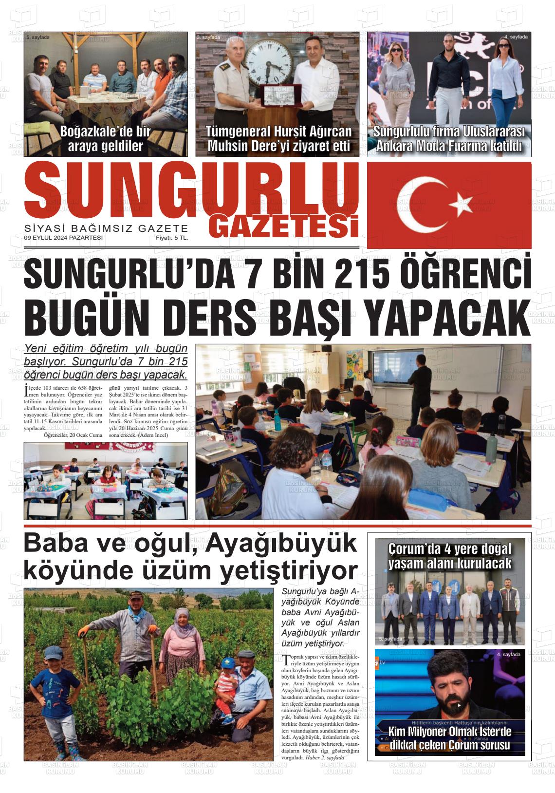 09 Eylül 2024 Sungurlu Gazete Manşeti