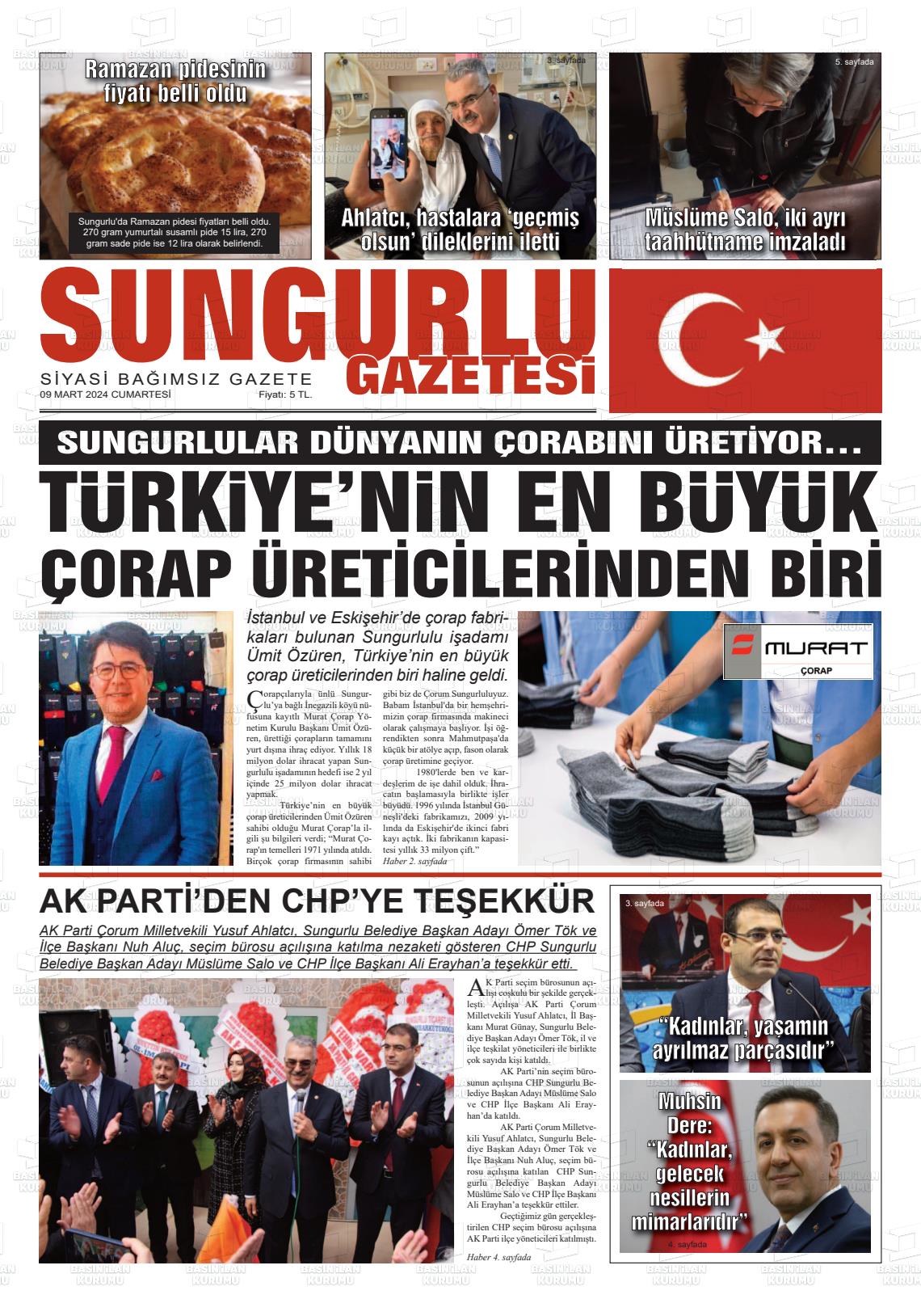 09 Mart 2024 Sungurlu Gazete Manşeti