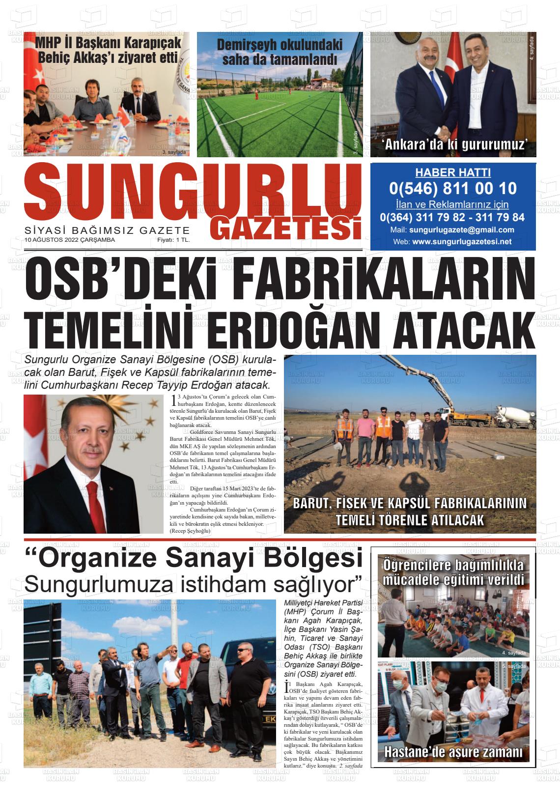 10 Ağustos 2022 Sungurlu Gazete Manşeti