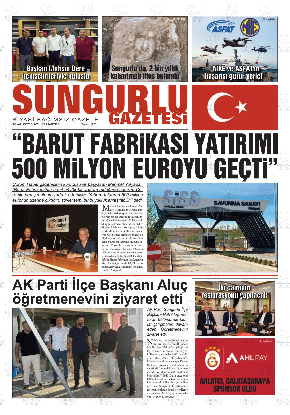 10 Ağustos 2024 Sungurlu Gazete Manşeti