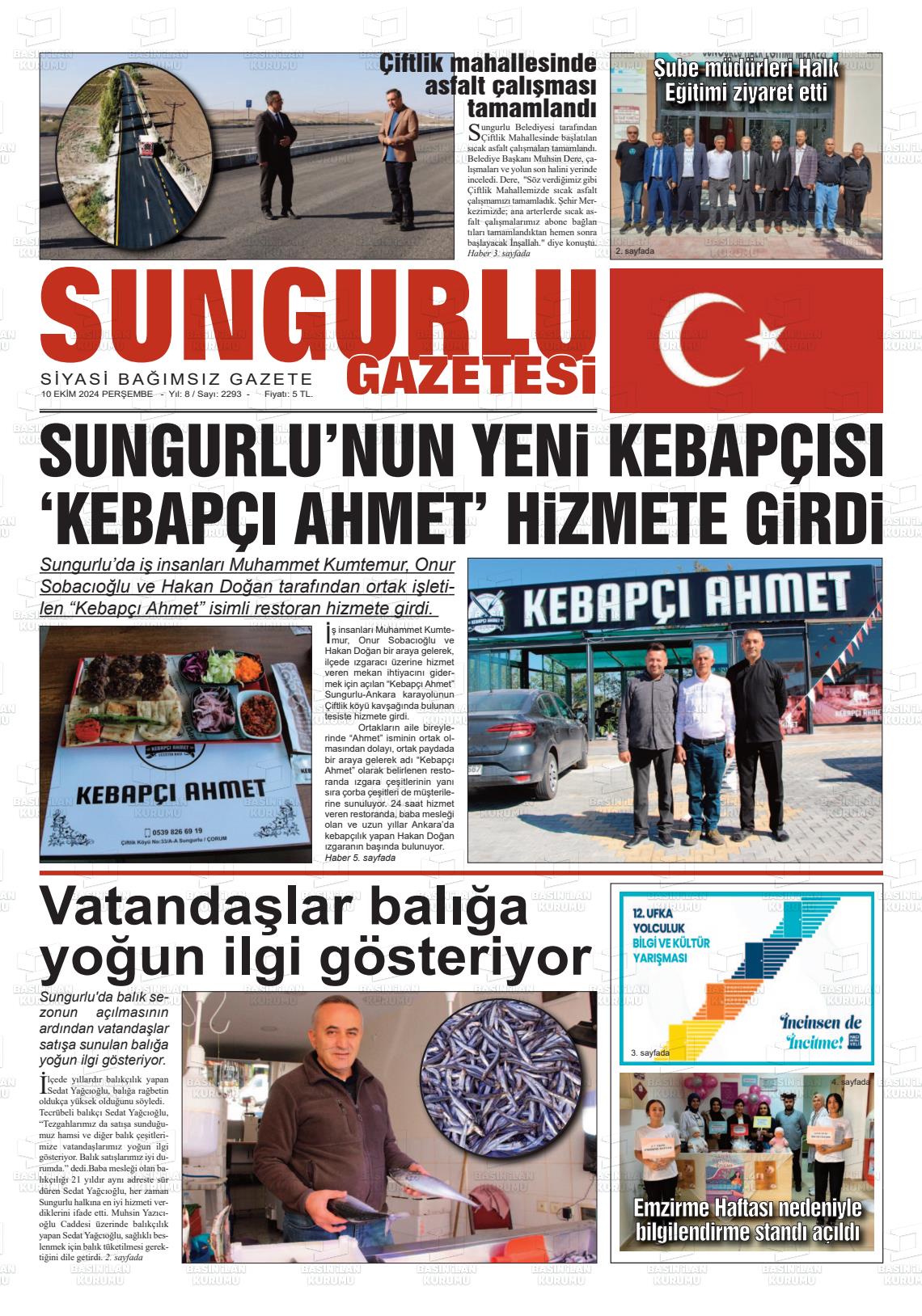 10 Ekim 2024 Sungurlu Gazete Manşeti