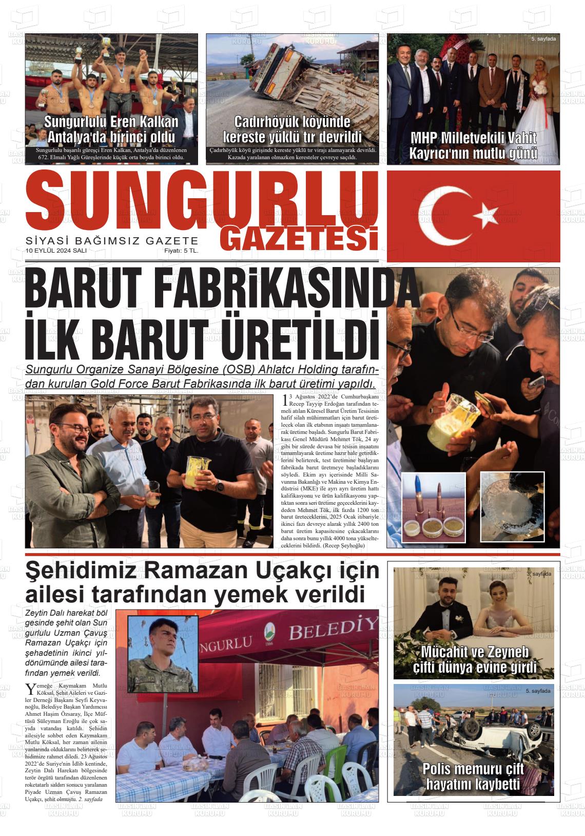 10 Eylül 2024 Sungurlu Gazete Manşeti