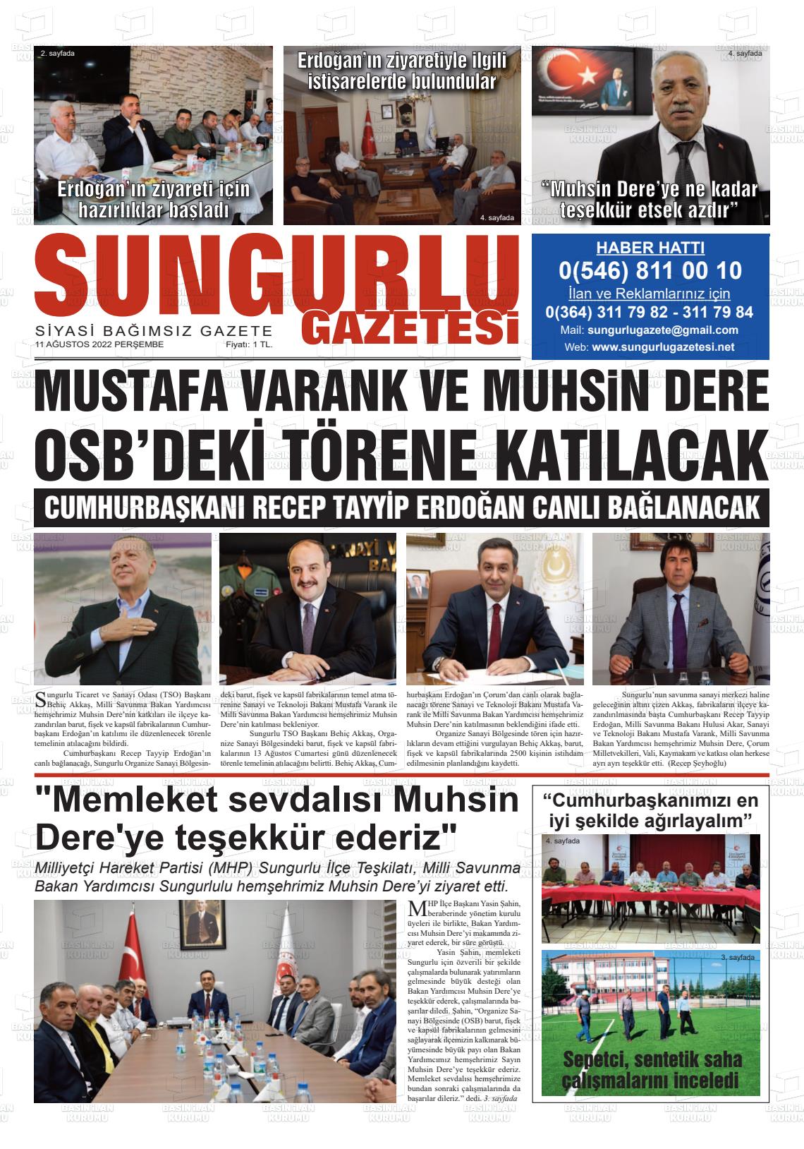 11 Ağustos 2022 Sungurlu Gazete Manşeti