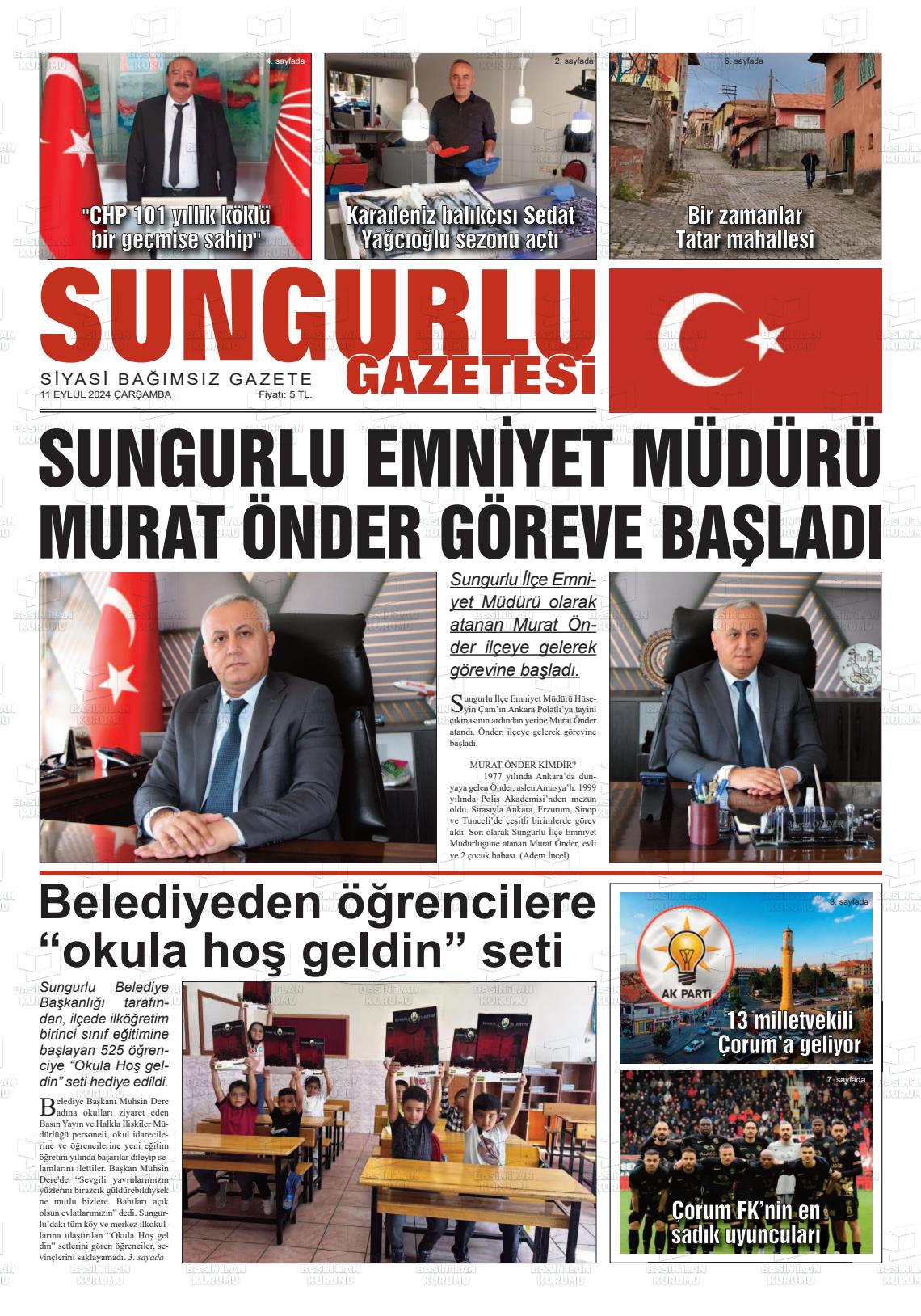 11 Eylül 2024 Sungurlu Gazete Manşeti