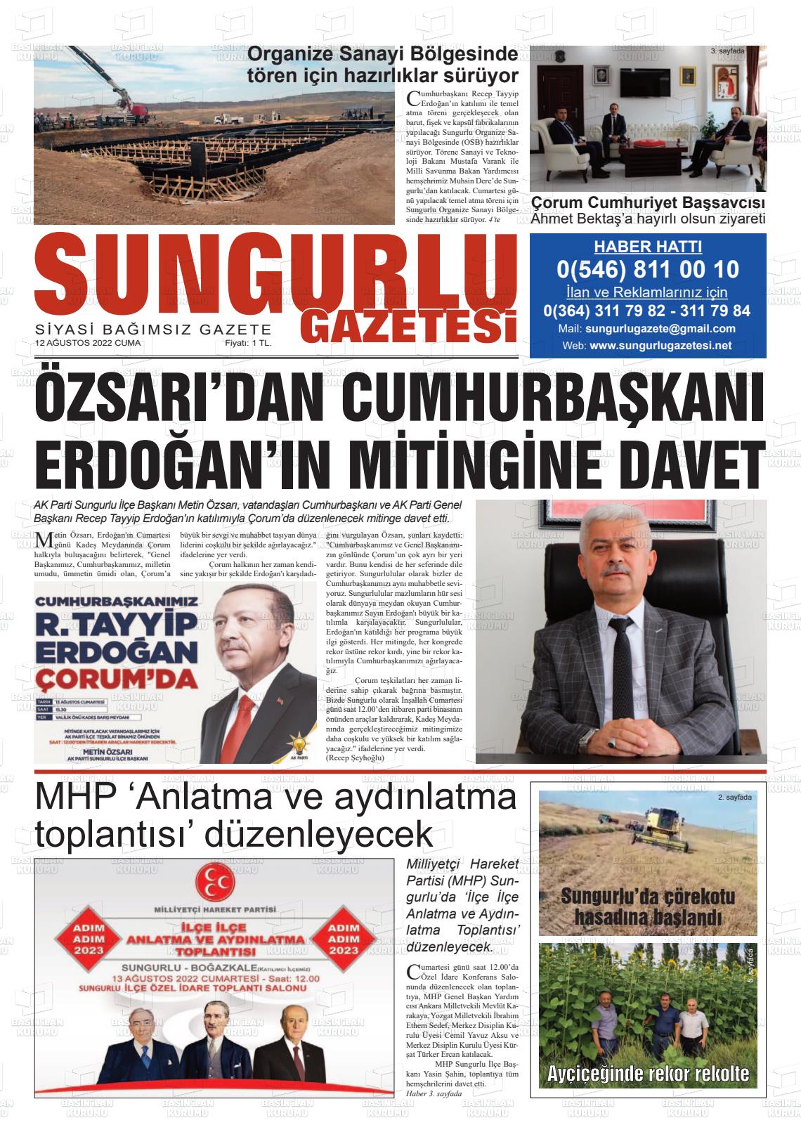 12 Ağustos 2022 Sungurlu Gazete Manşeti