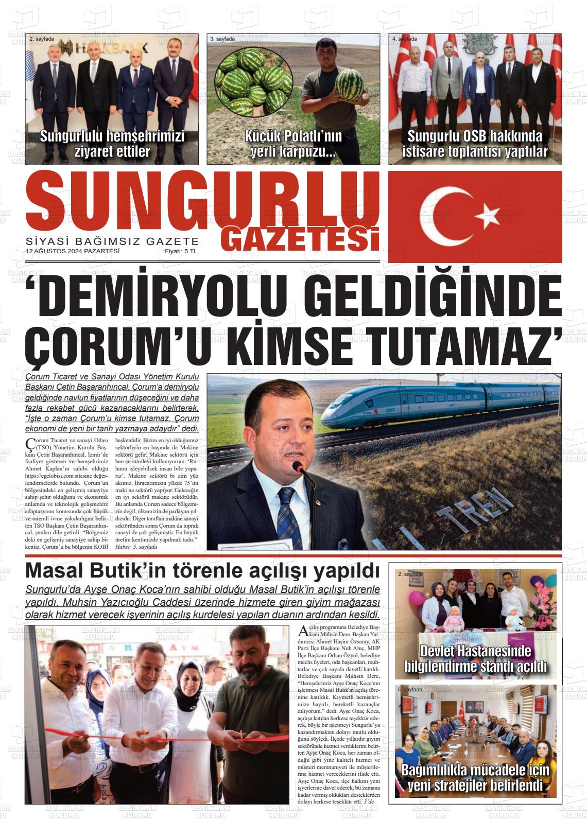 12 Ağustos 2024 Sungurlu Gazete Manşeti