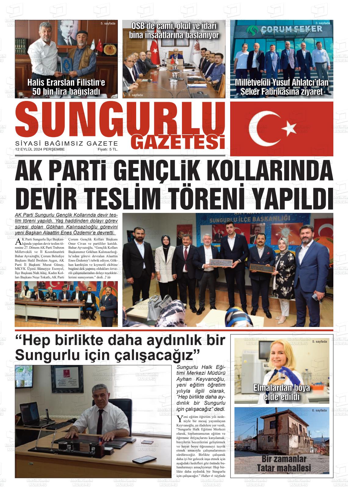 12 Eylül 2024 Sungurlu Gazete Manşeti