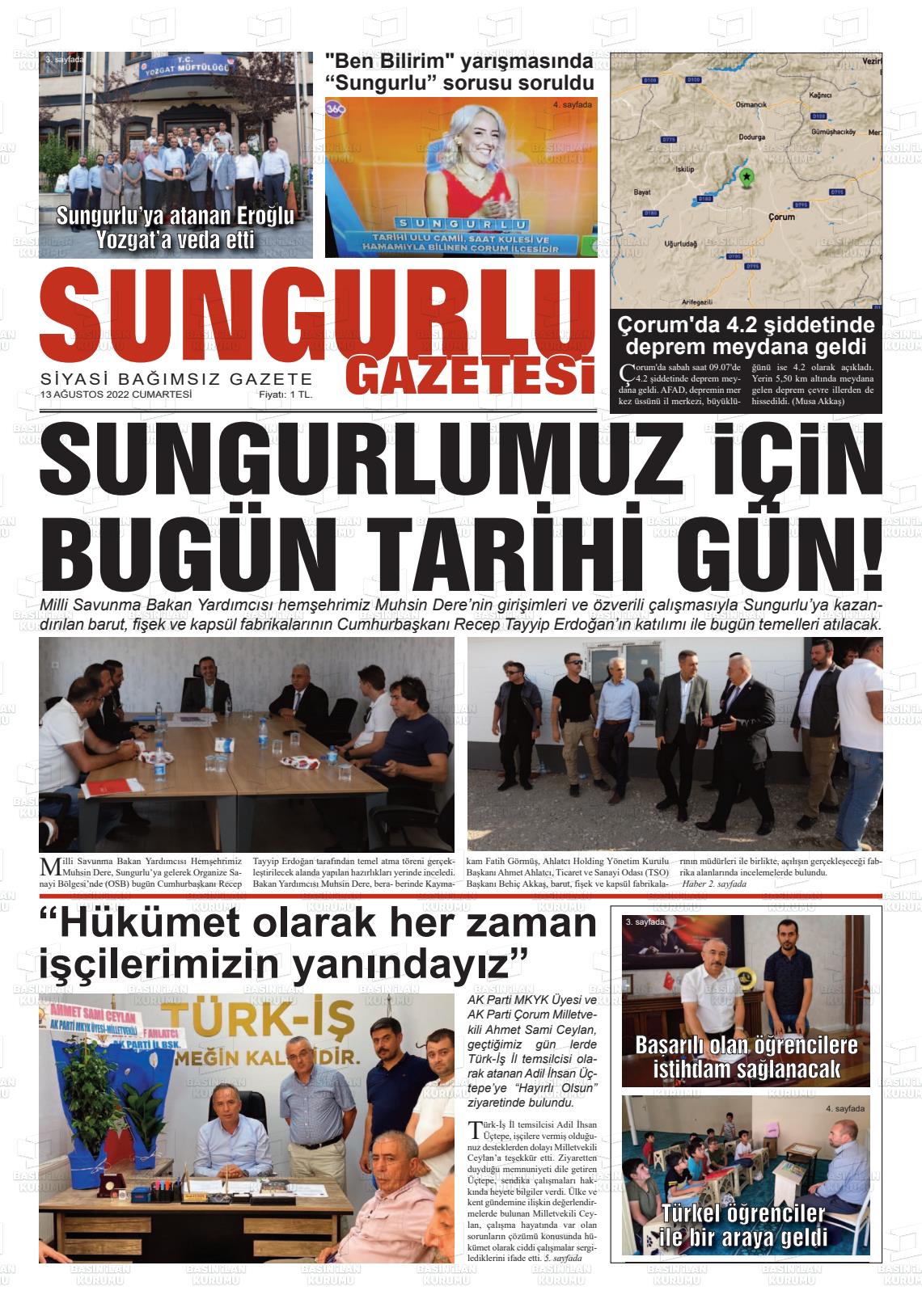 13 Ağustos 2022 Sungurlu Gazete Manşeti