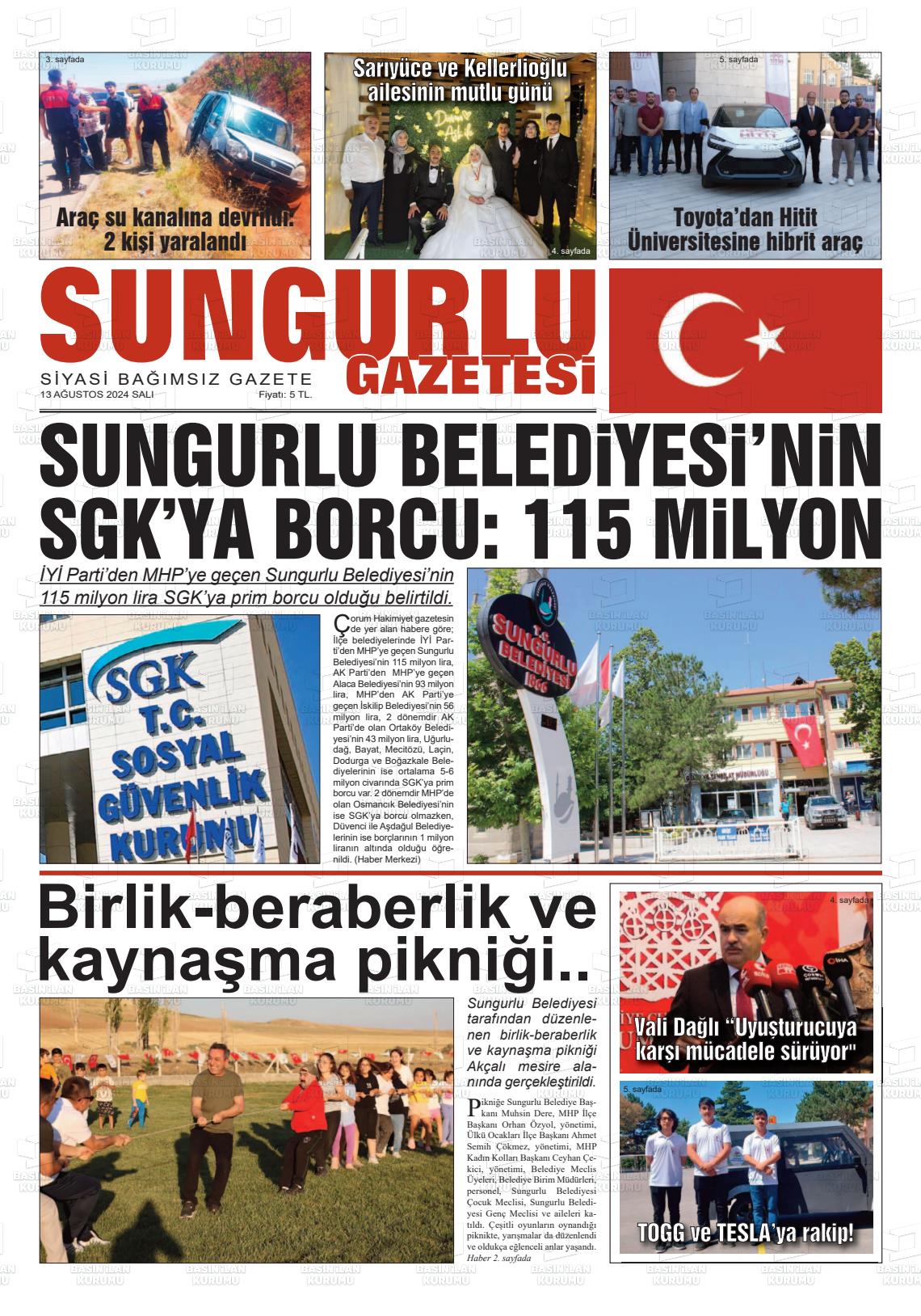 13 Ağustos 2024 Sungurlu Gazete Manşeti