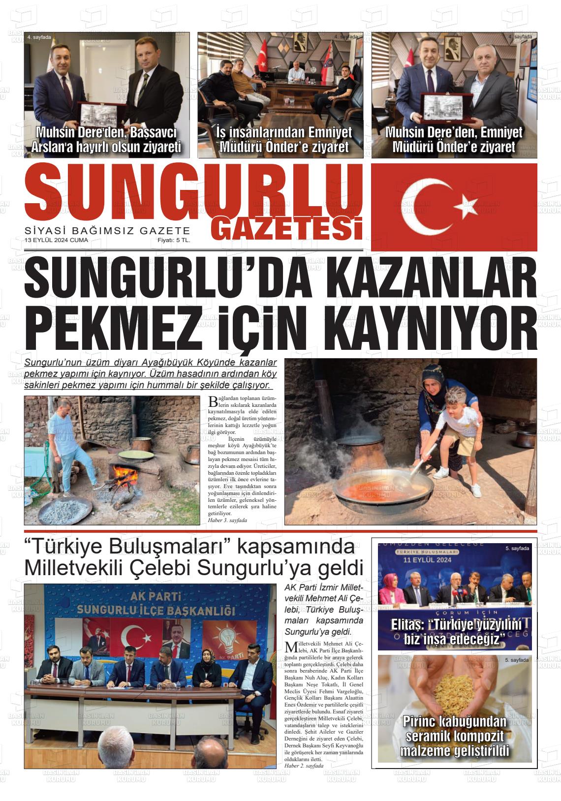 13 Eylül 2024 Sungurlu Gazete Manşeti