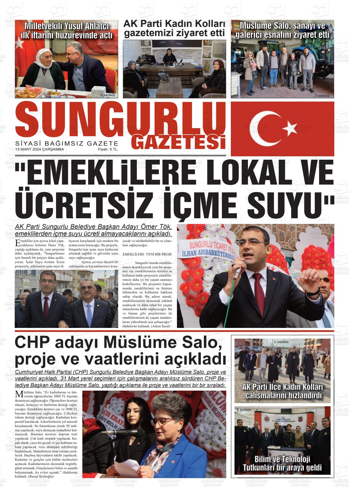 13 Mart 2024 Sungurlu Gazete Manşeti