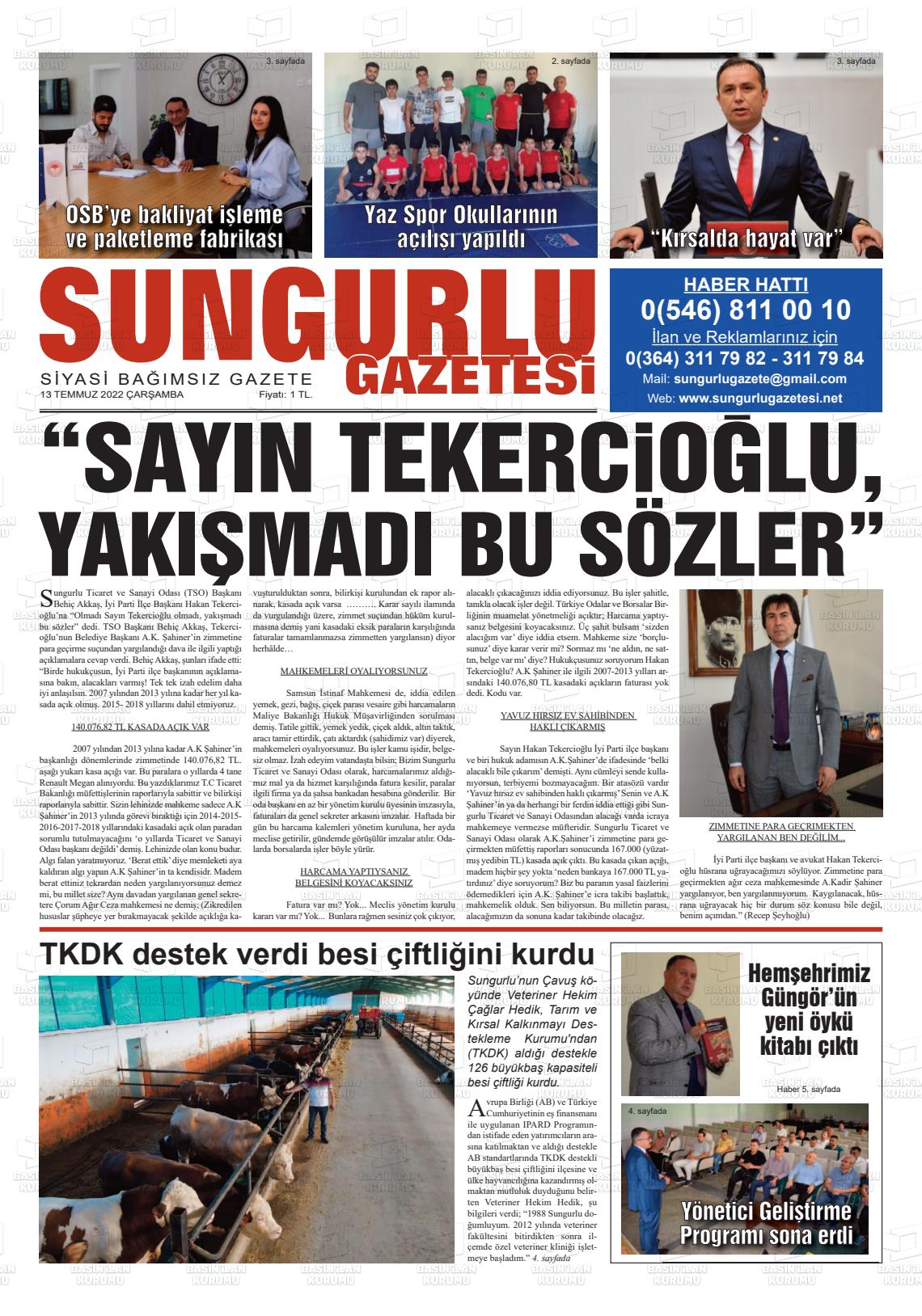 13 Temmuz 2022 Sungurlu Gazete Manşeti