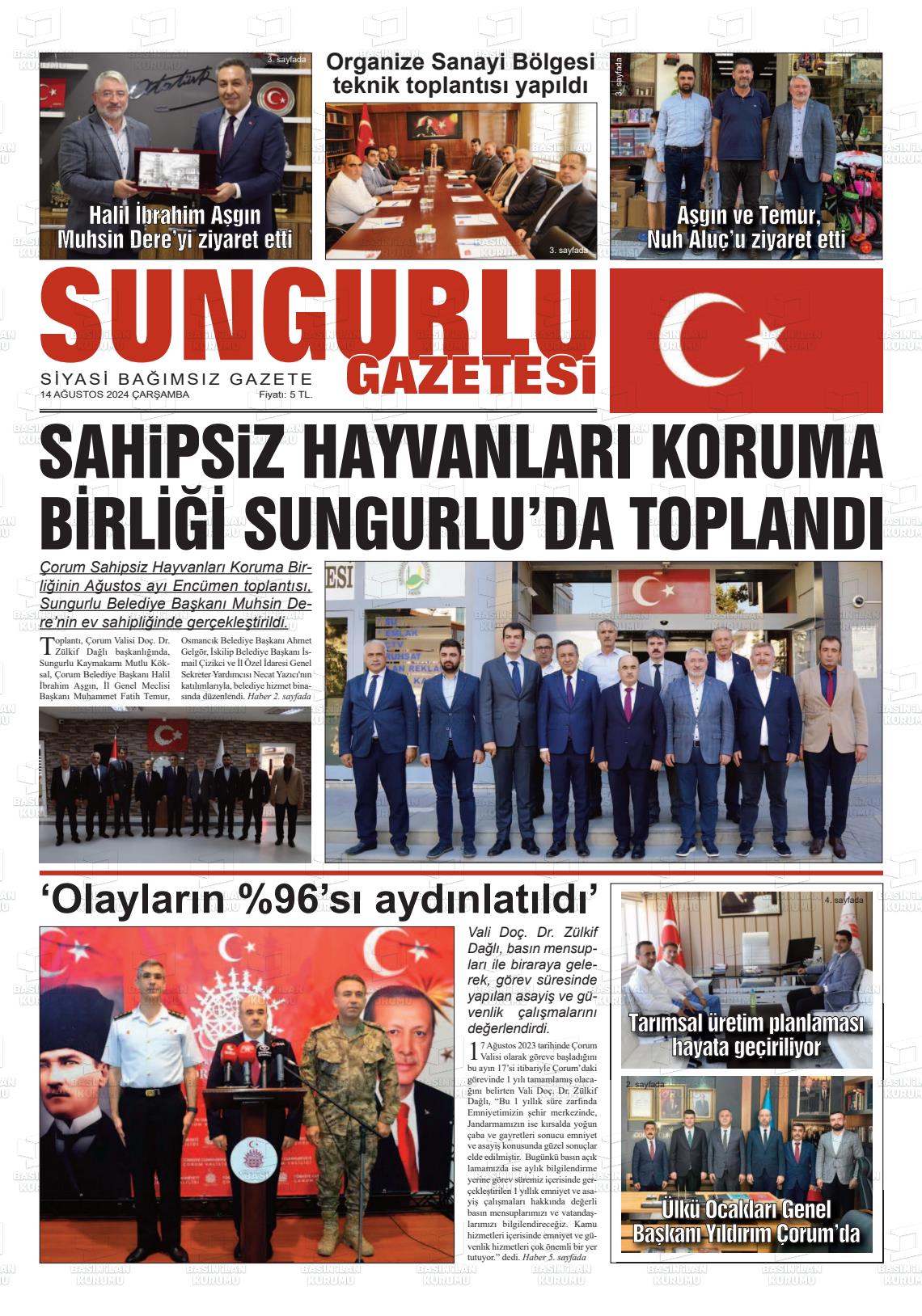 14 Ağustos 2024 Sungurlu Gazete Manşeti