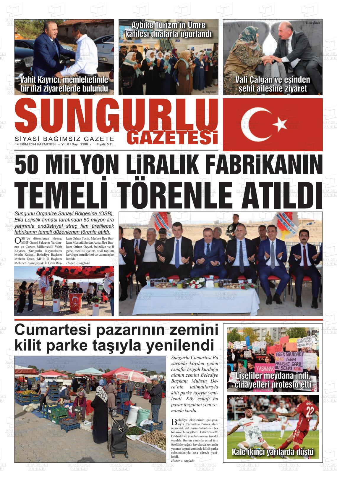 14 Ekim 2024 Sungurlu Gazete Manşeti